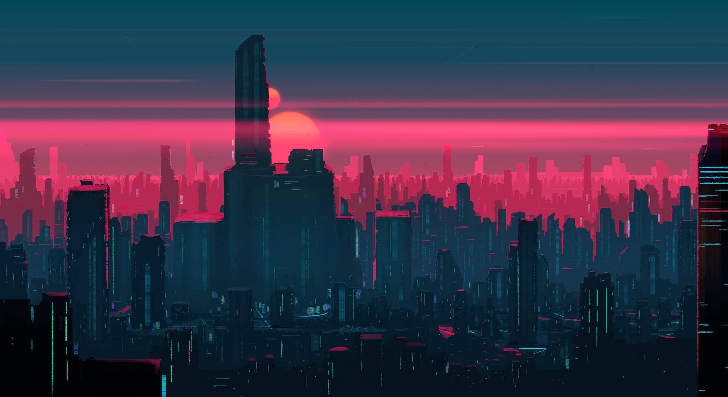 Futuristic Desktop, pink sky, neon-drenched cyberpunk cityscape, Full HD Desktop Wallpaper