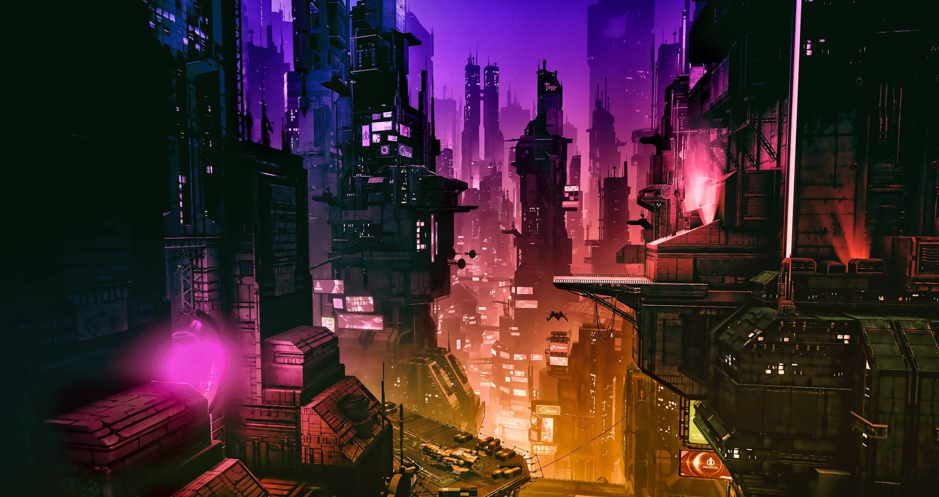 cyberpunk cityscape, towering skyscrapers, neon-drenched, Full HD Desktop Wallpaper