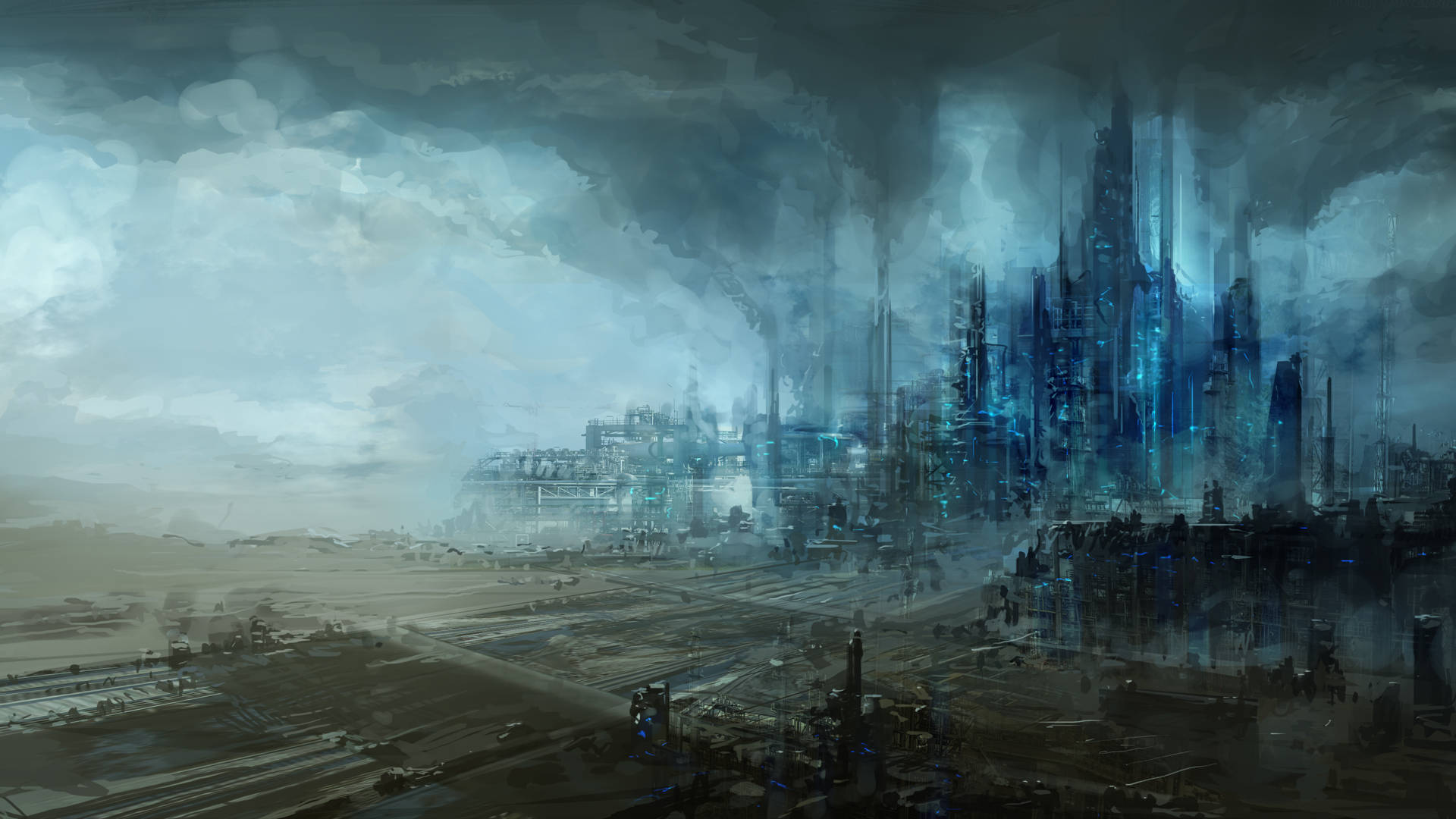 futuristic cityscape, stormy sky, glowing blue skyscrapers, Full HD Desktop Wallpaper