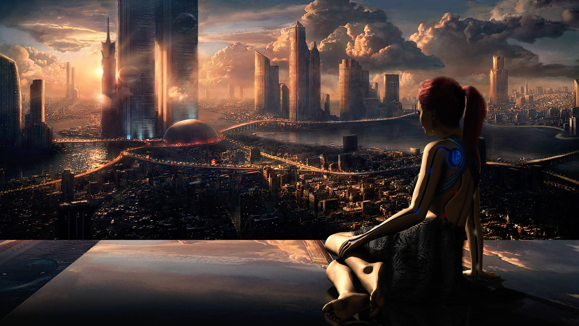 futuristic cityscape, golden sunset, red hair, Full HD Desktop Wallpaper