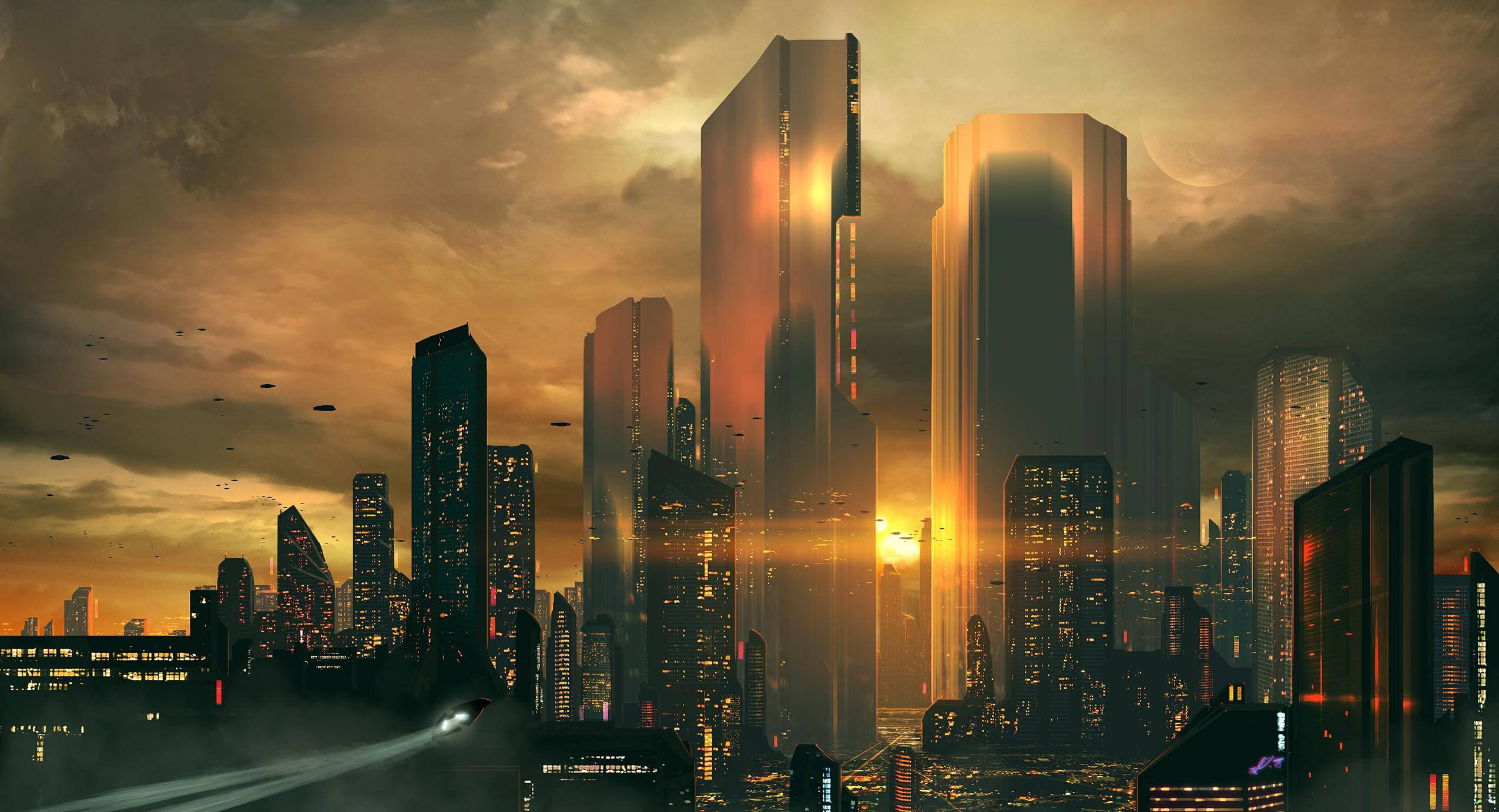 Futuristic Desktop, sunset, towering skyscrapers, Full HD Desktop Wallpaper