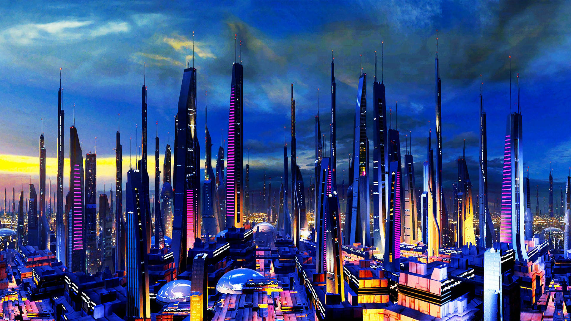 futuristic cityscape, twilight, towering skyscrapers, Full HD Desktop Wallpaper