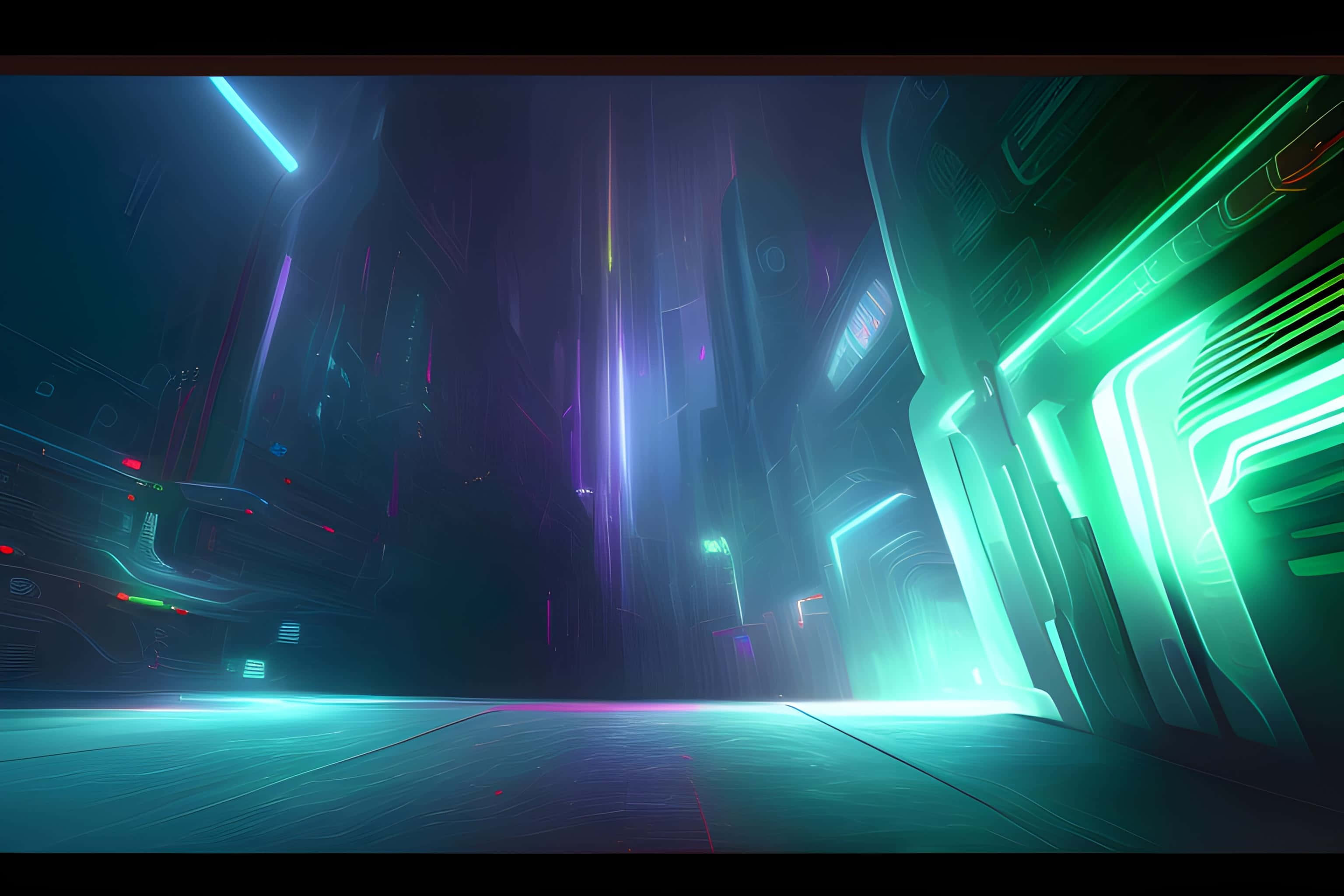 futuristic corridor, neon-lit corridor, glowing green and purple lines, 2K Desktop Wallpaper