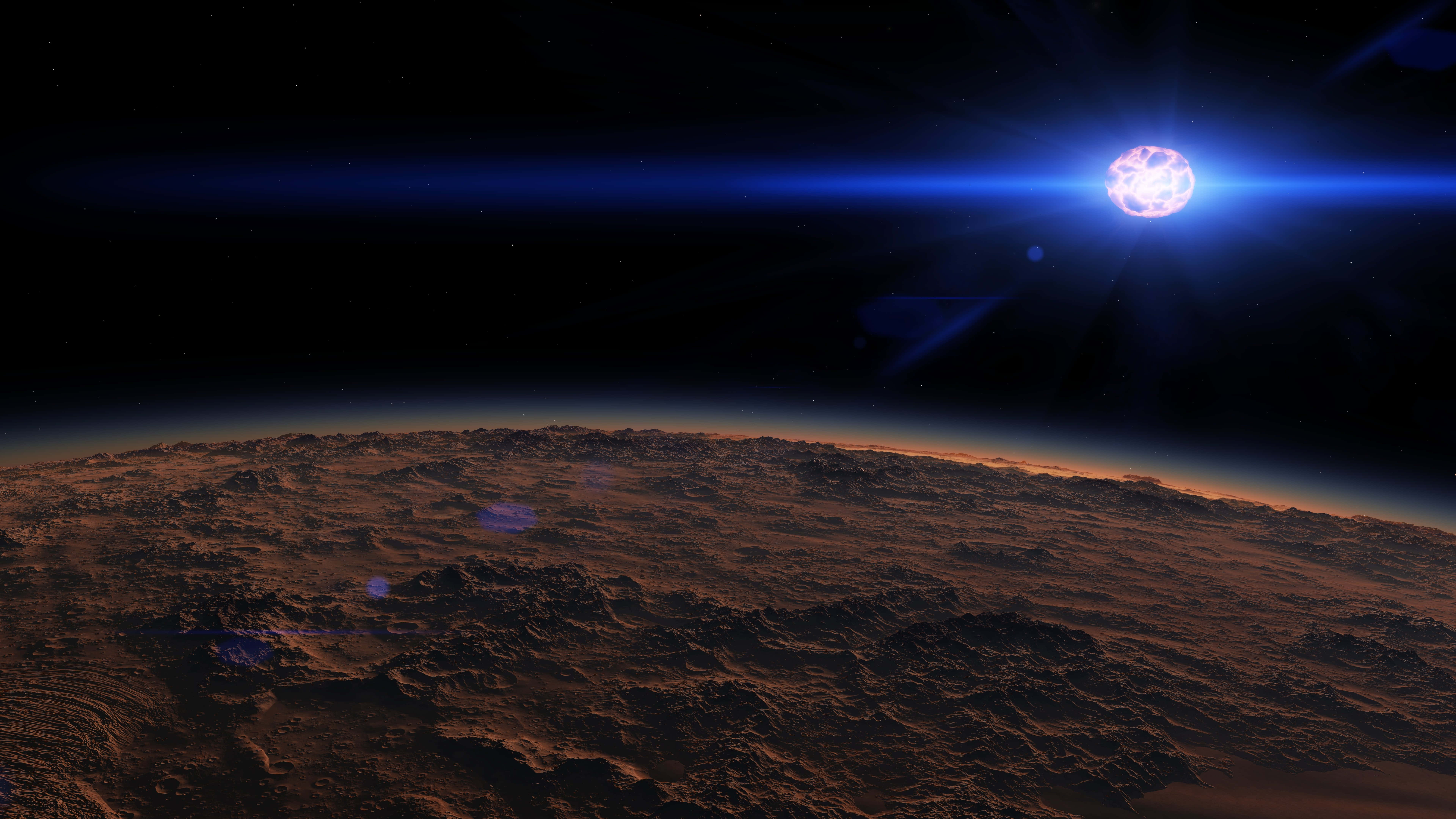 glowing blue star, rugged alien planet, orange and brown terrain, 8K Desktop Wallpaper