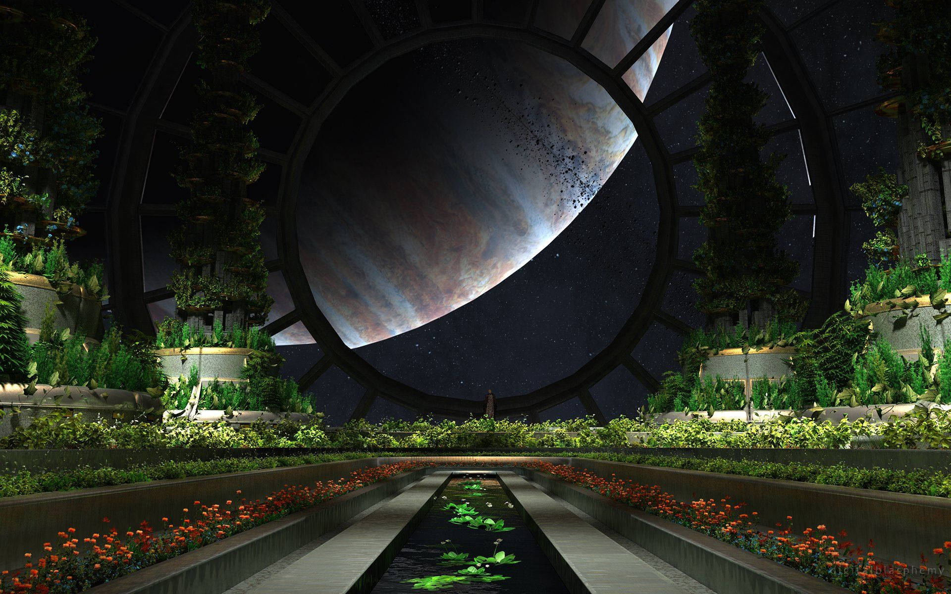 futuristic dome garden, giant planet, circular window, Full HD Desktop Wallpaper