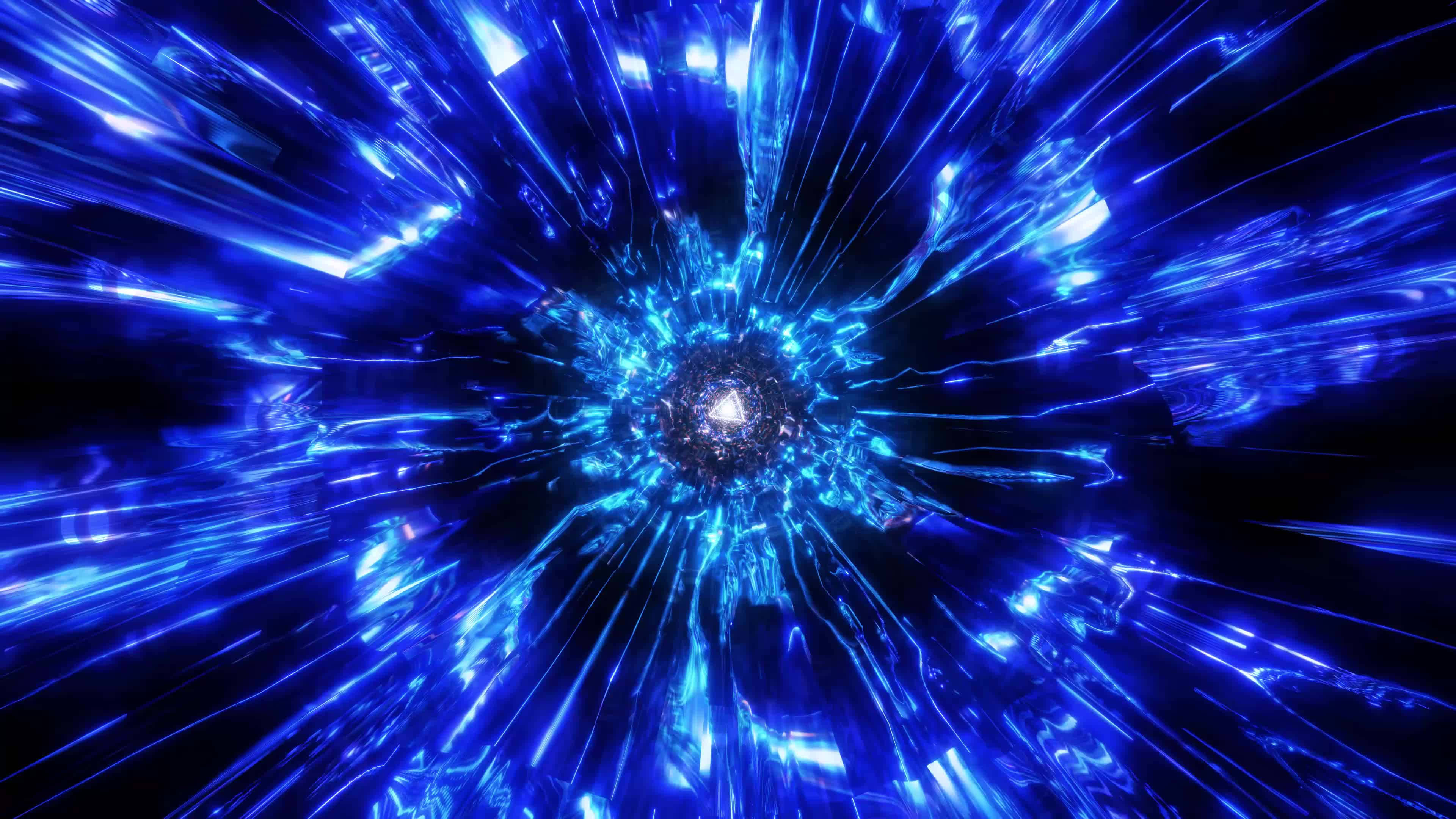 radiant blue energy tunnel, glowing streaks, central core, 4K Desktop Wallpaper