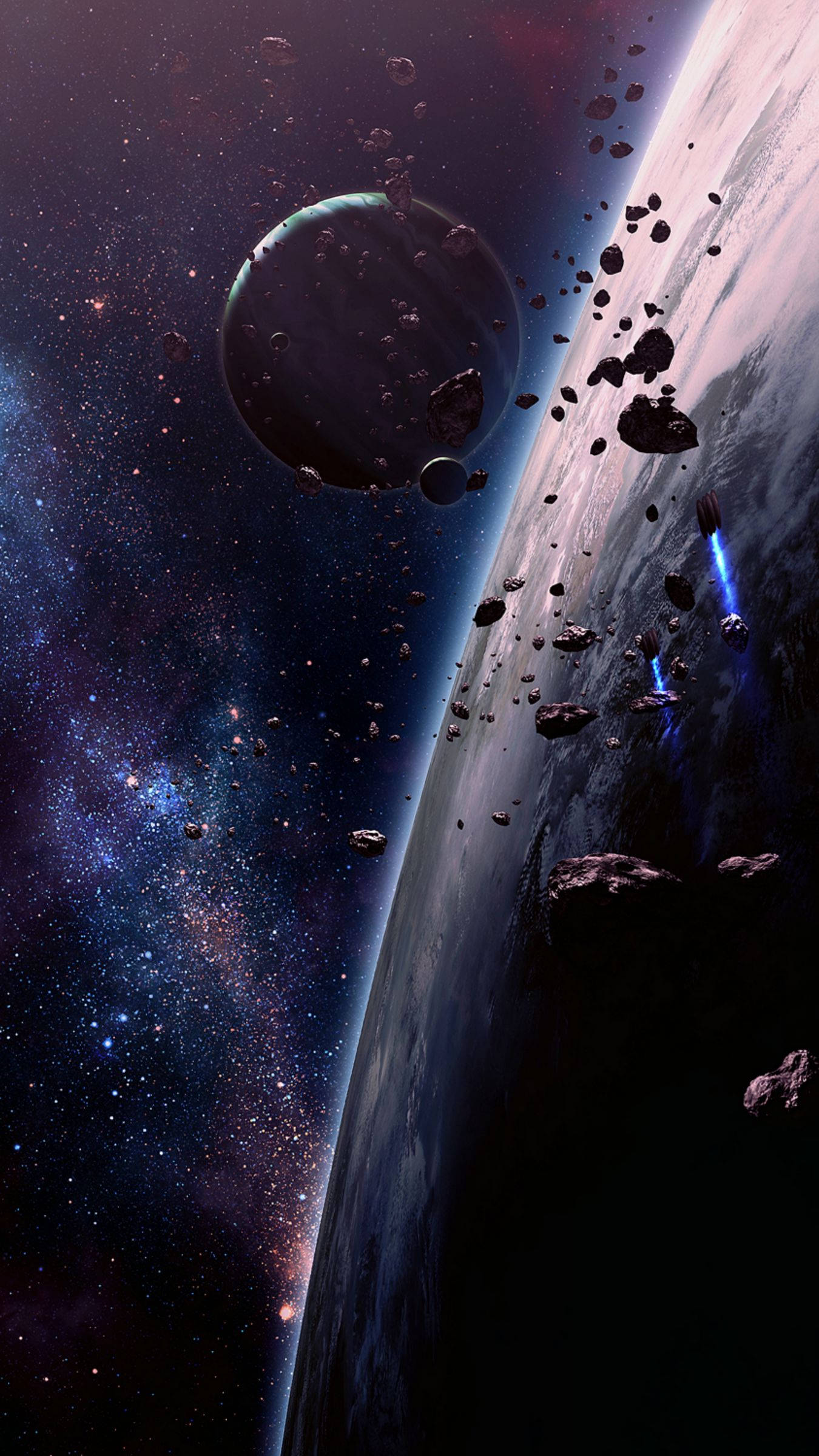 Retro Space, planet's curved horizon, floating asteroids, Full HD Phone Wallpaper
