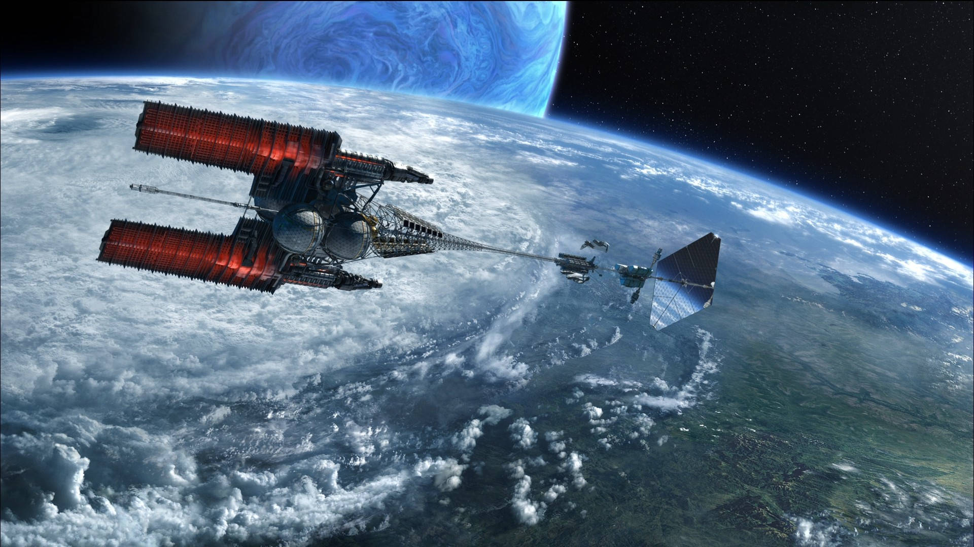 futuristic spacecraft, glowing red engines, swirling blue clouds, Full HD Desktop Wallpaper