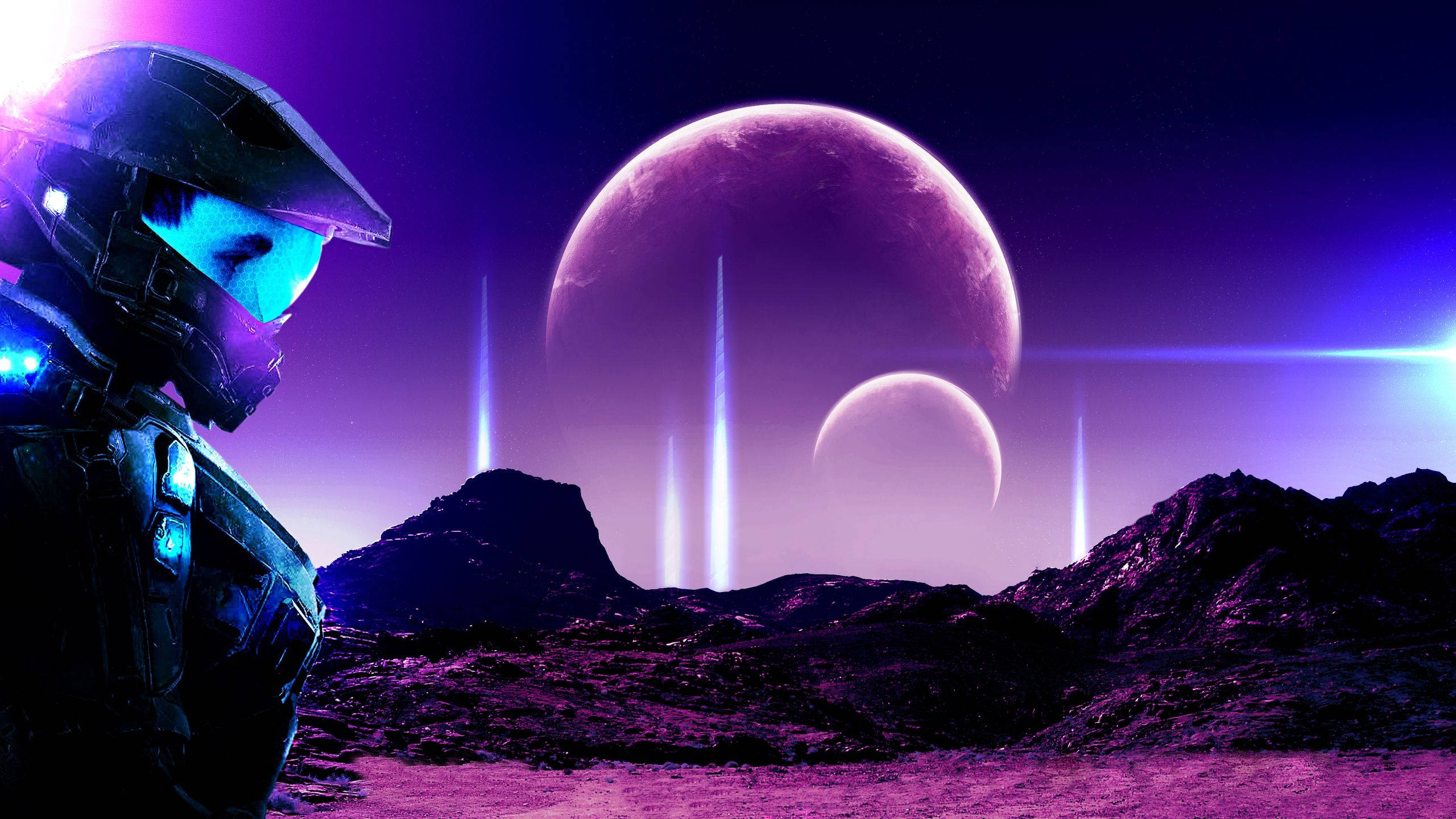 futuristic soldier, glowing armor, purple alien planet, 2K Desktop Wallpaper