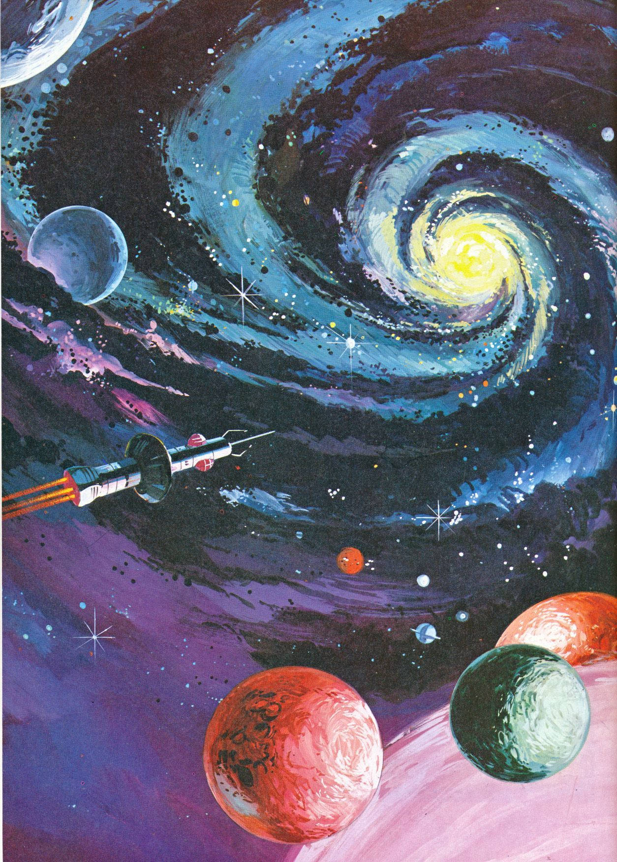 retro-futuristic rocket, vibrant spiral galaxy, swirling blues purples, HD Phone Wallpaper