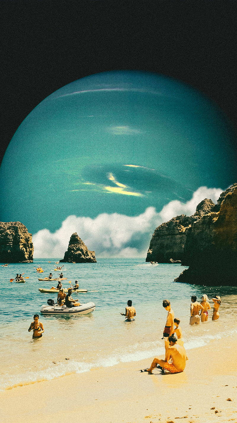 retro space, giant glowing blue planet, surreal beach, HD Phone Wallpaper