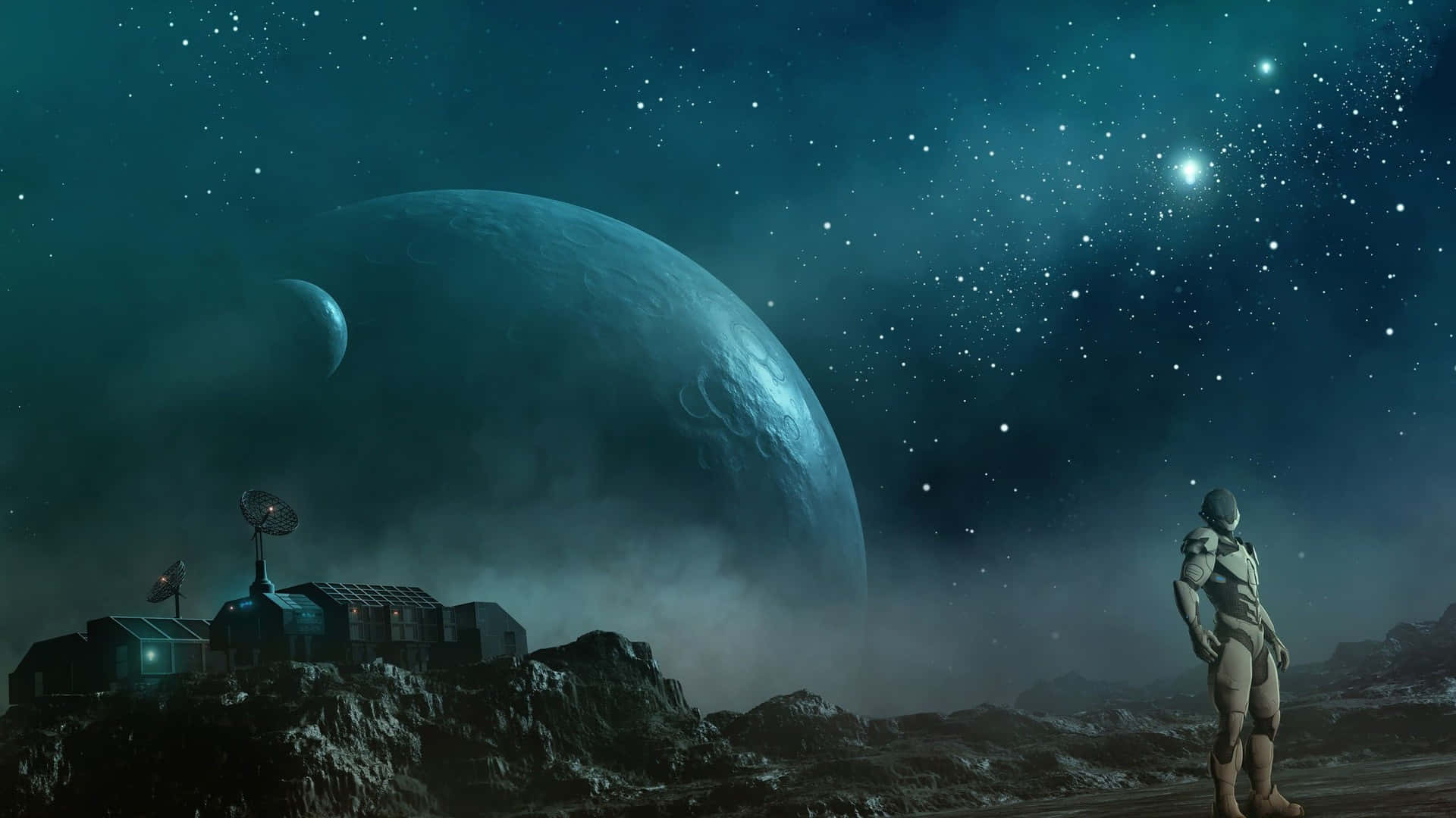 Fantasy Space, astronaut, rocky alien planet, Full HD Desktop Wallpaper