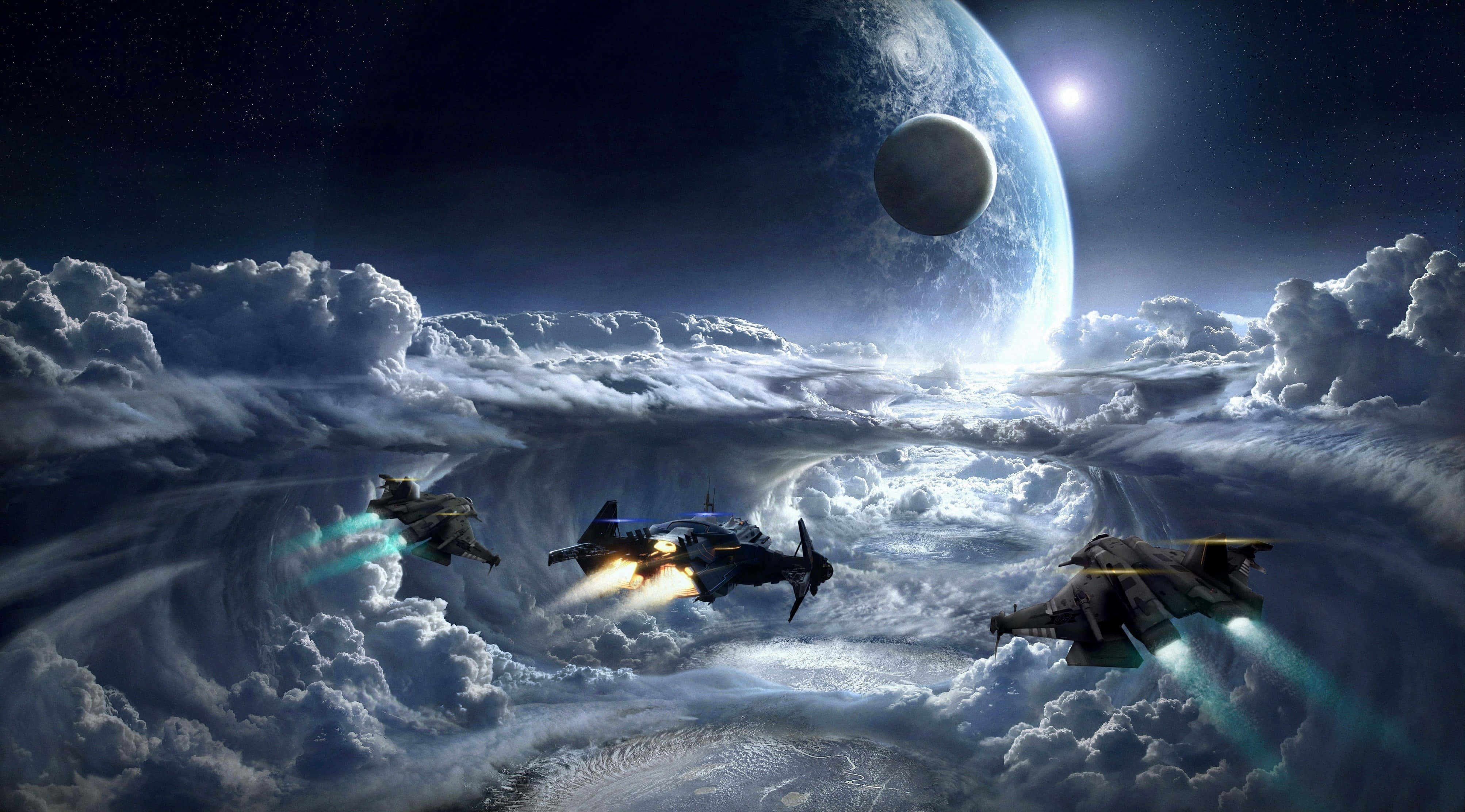 futuristic fighter jets, swirling clouds, giant planet, 4K Desktop Wallpaper
