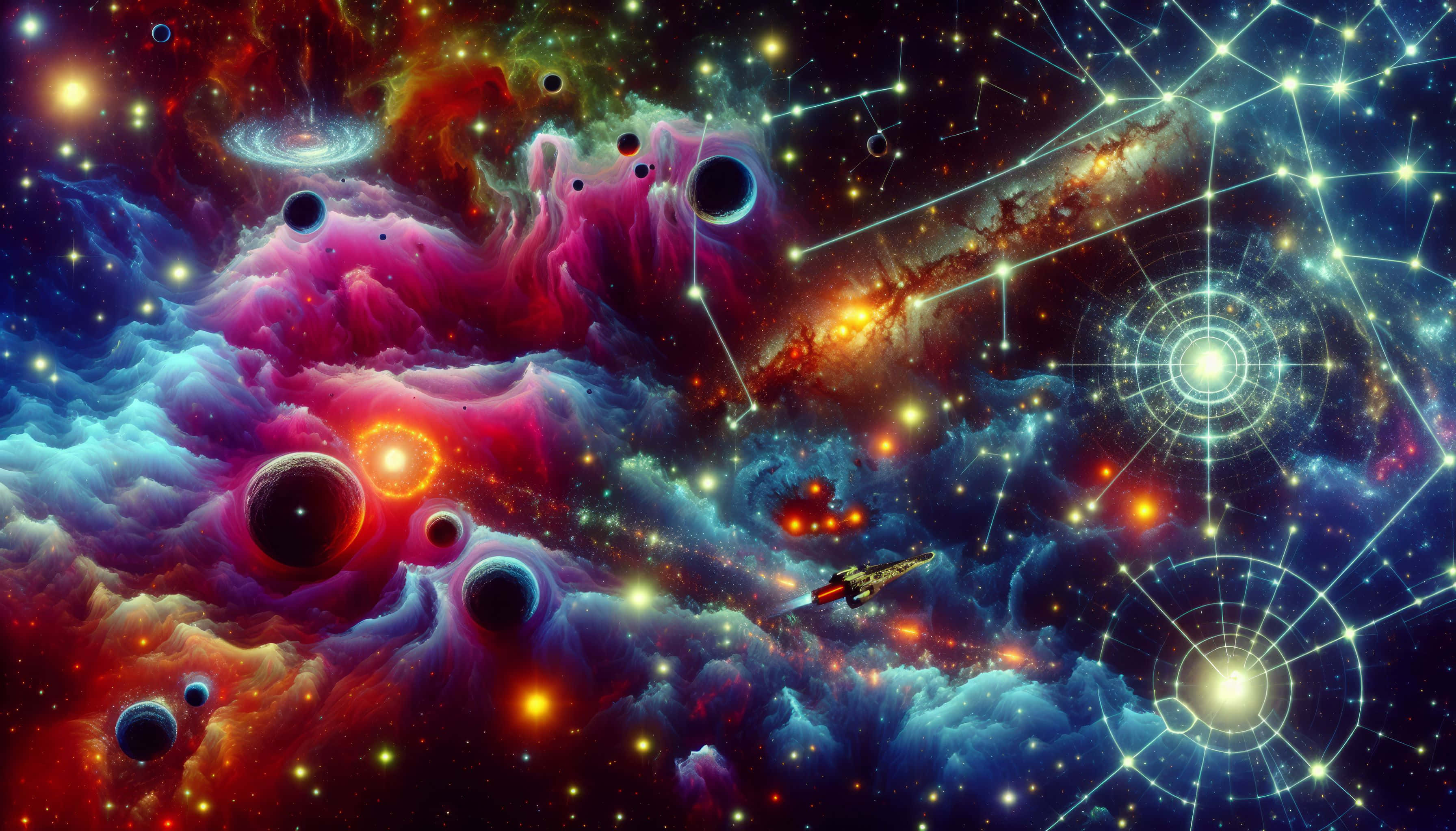 cosmic nebula, magenta blue, gold, 2K Desktop Wallpaper