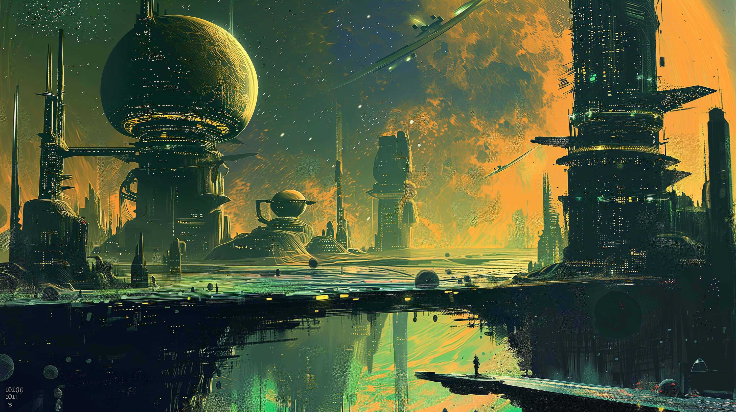 futuristic cityscape, towering structures, glowing planet, 2K Desktop Wallpaper