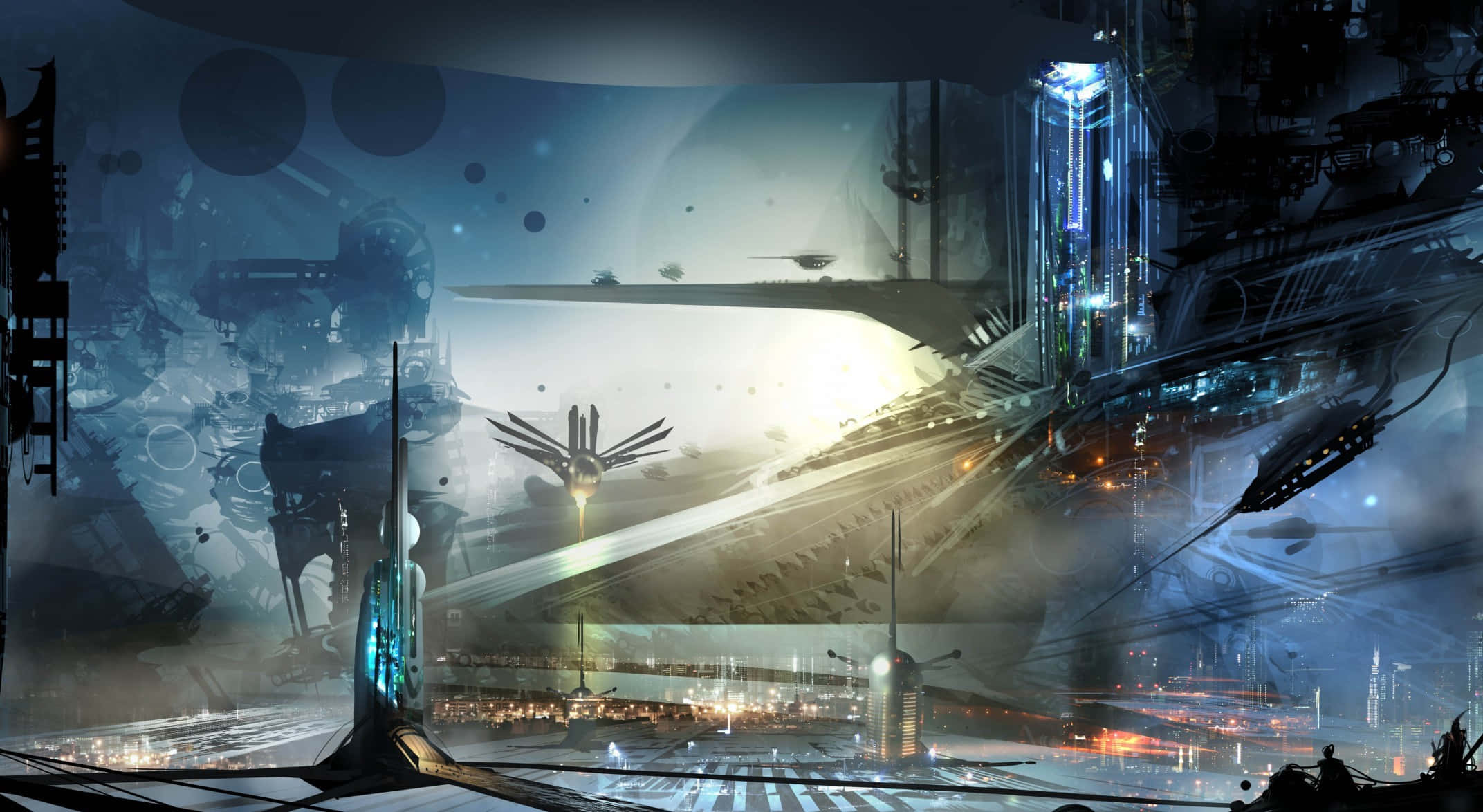 futuristic cityscape, dawn, glowing skyscrapers, Full HD Desktop Wallpaper