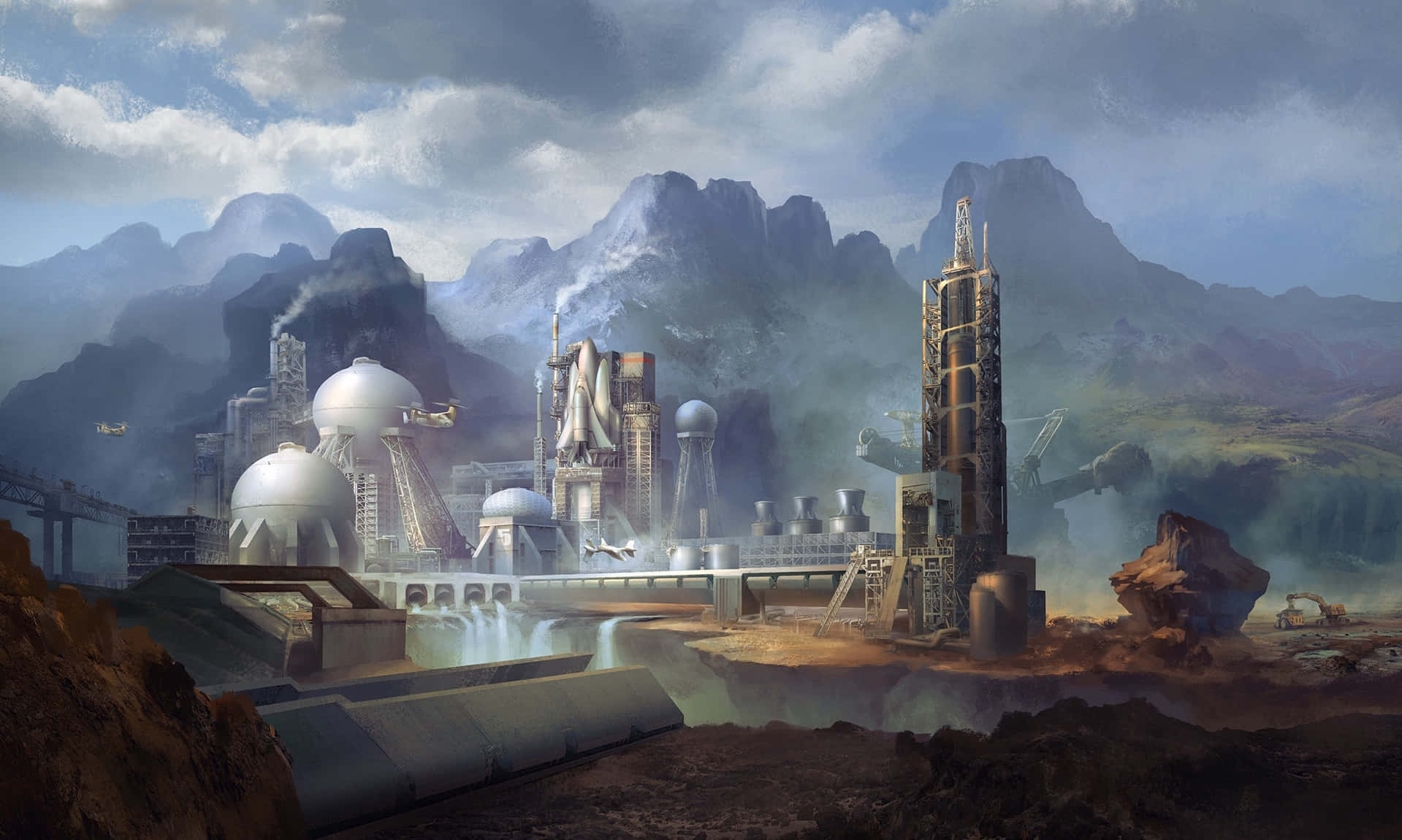 futuristic spaceport, rugged mountains, rocket launchers, HD Desktop Wallpaper