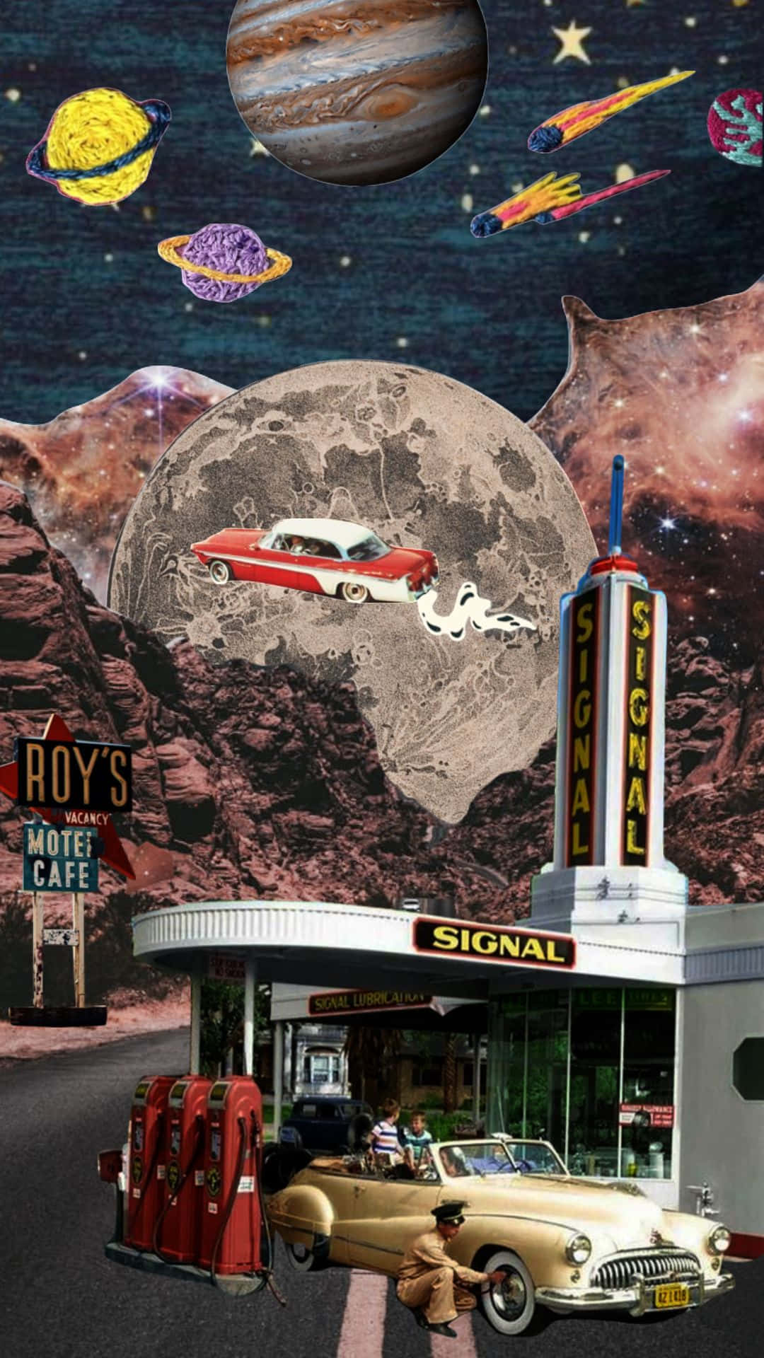 retro futuristic space scene, vintage motel cafe, gas station, Full HD Phone Wallpaper