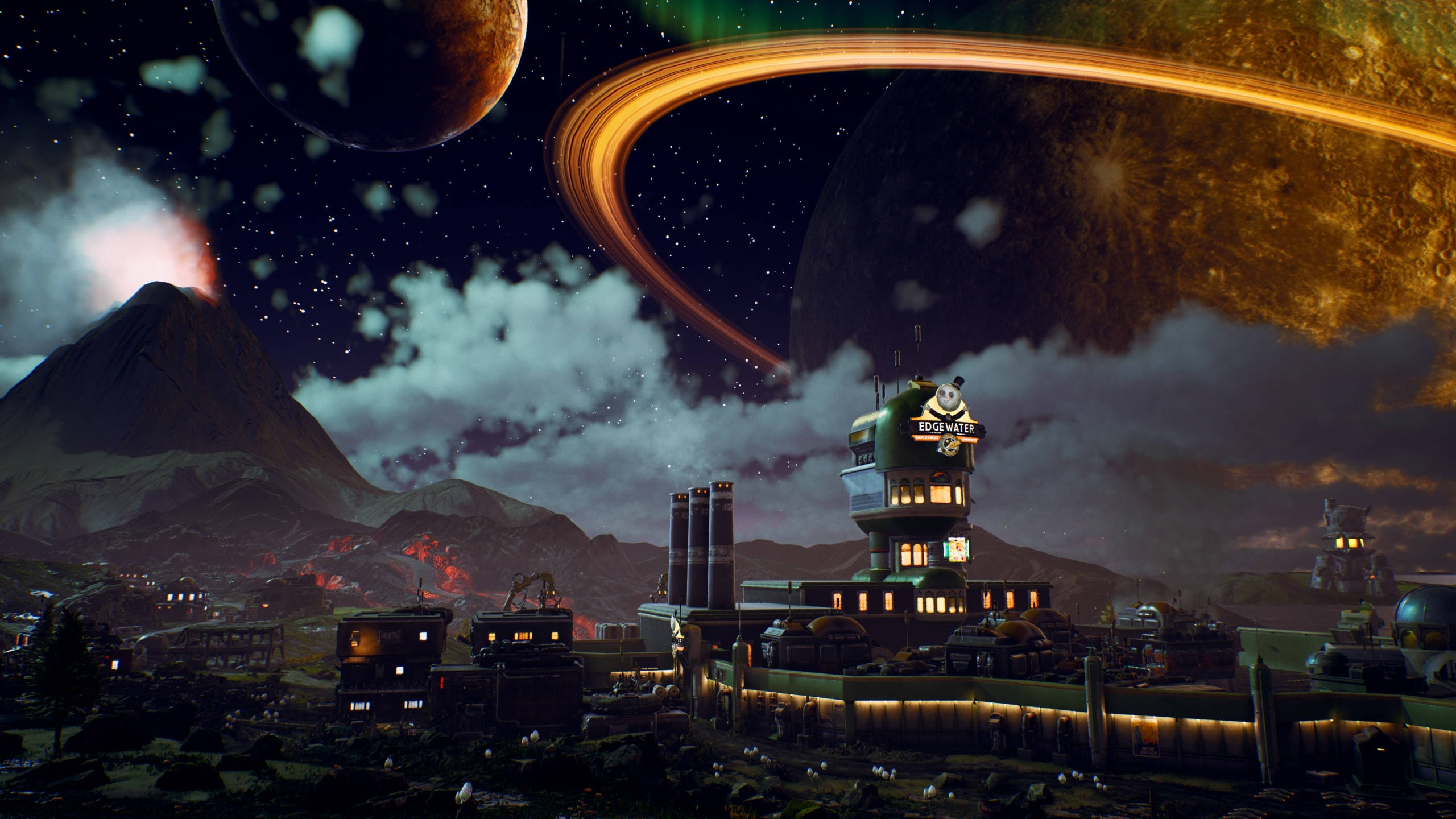futuristic space station, alien mountains, starry sky, 2K Desktop Wallpaper