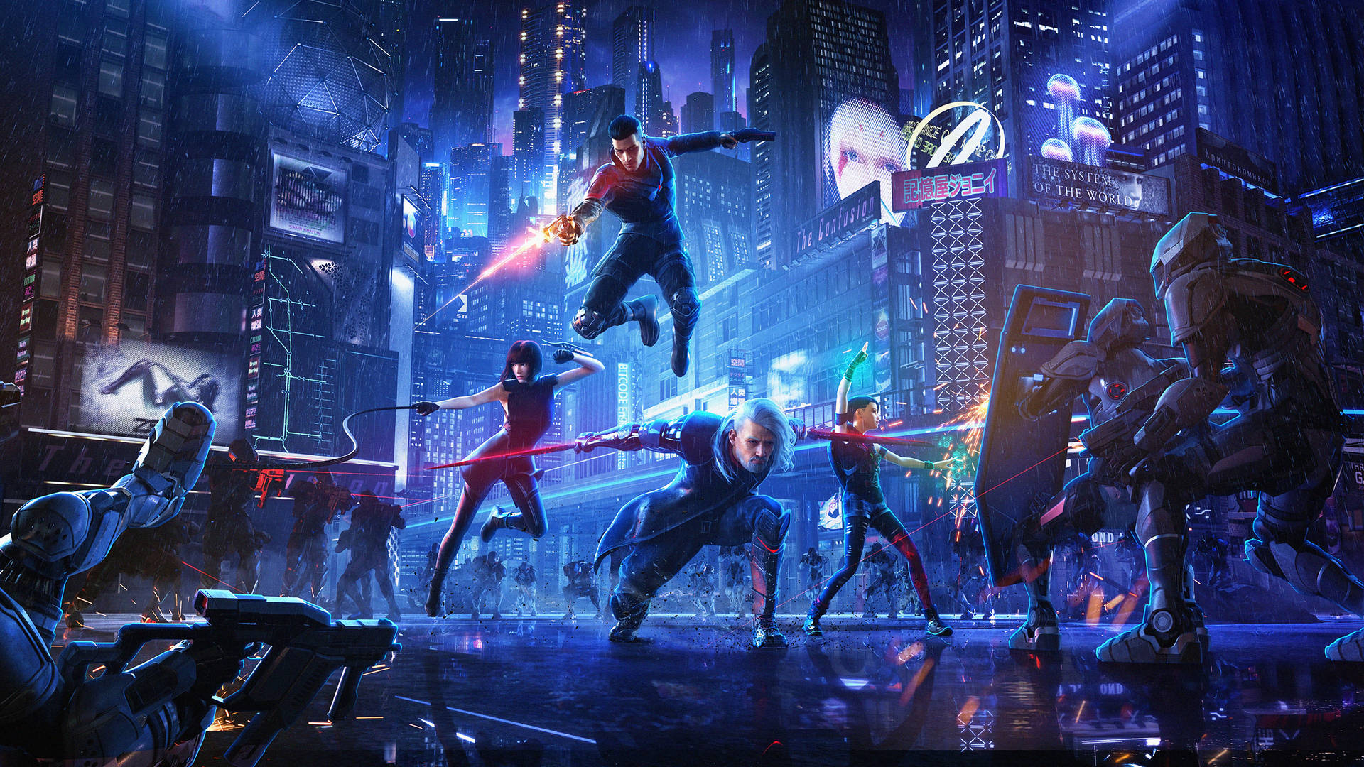 neon-lit robots, rain-slicked cyberpunk cityscape, towering skyscrapers, Full HD Desktop Wallpaper