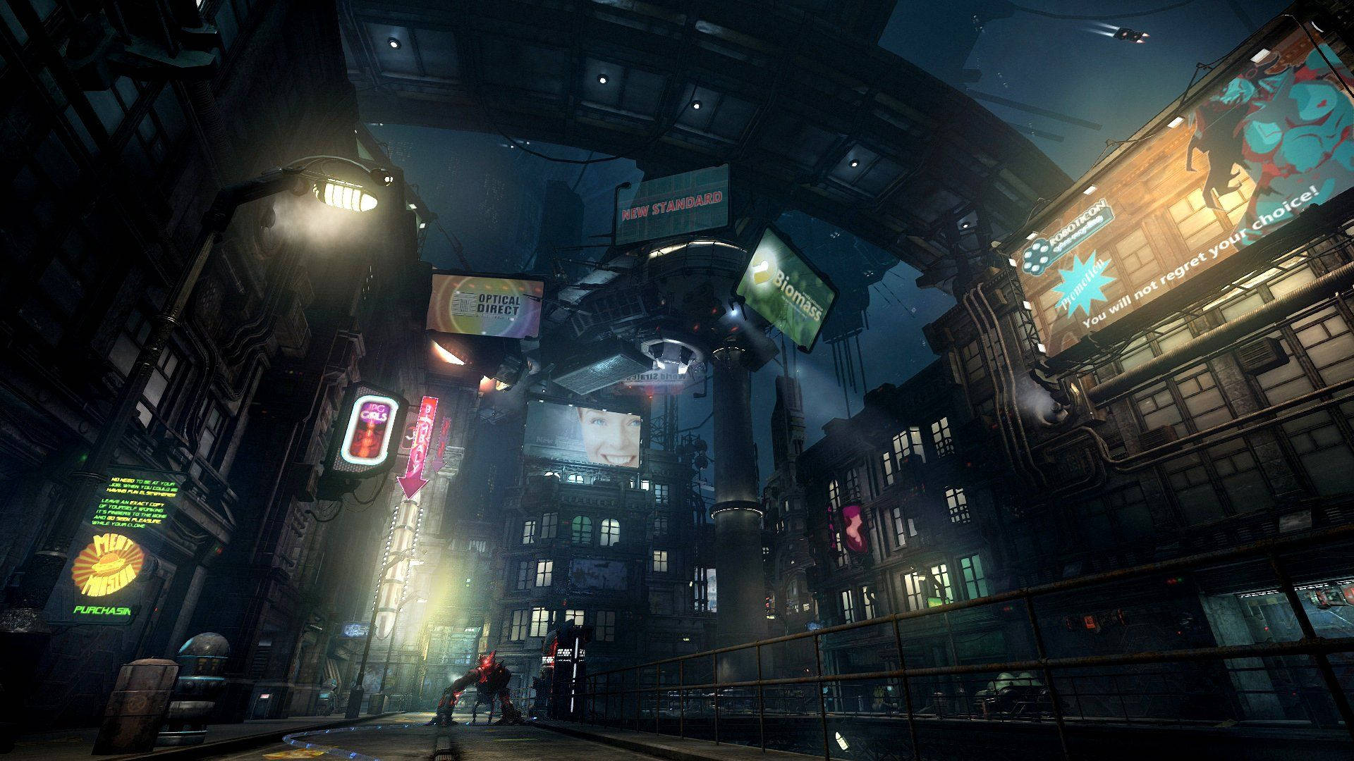 neon-lit cyberpunk alleyway, towering buildings, glowing billboards, Full HD Desktop Wallpaper