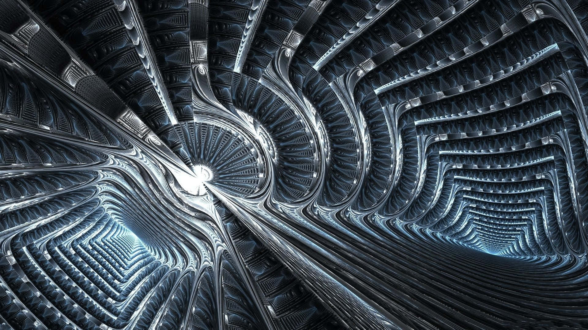 metallic spiral tunnel, glowing blue highlights, intricate geometric patterns, Full HD Desktop Wallpaper