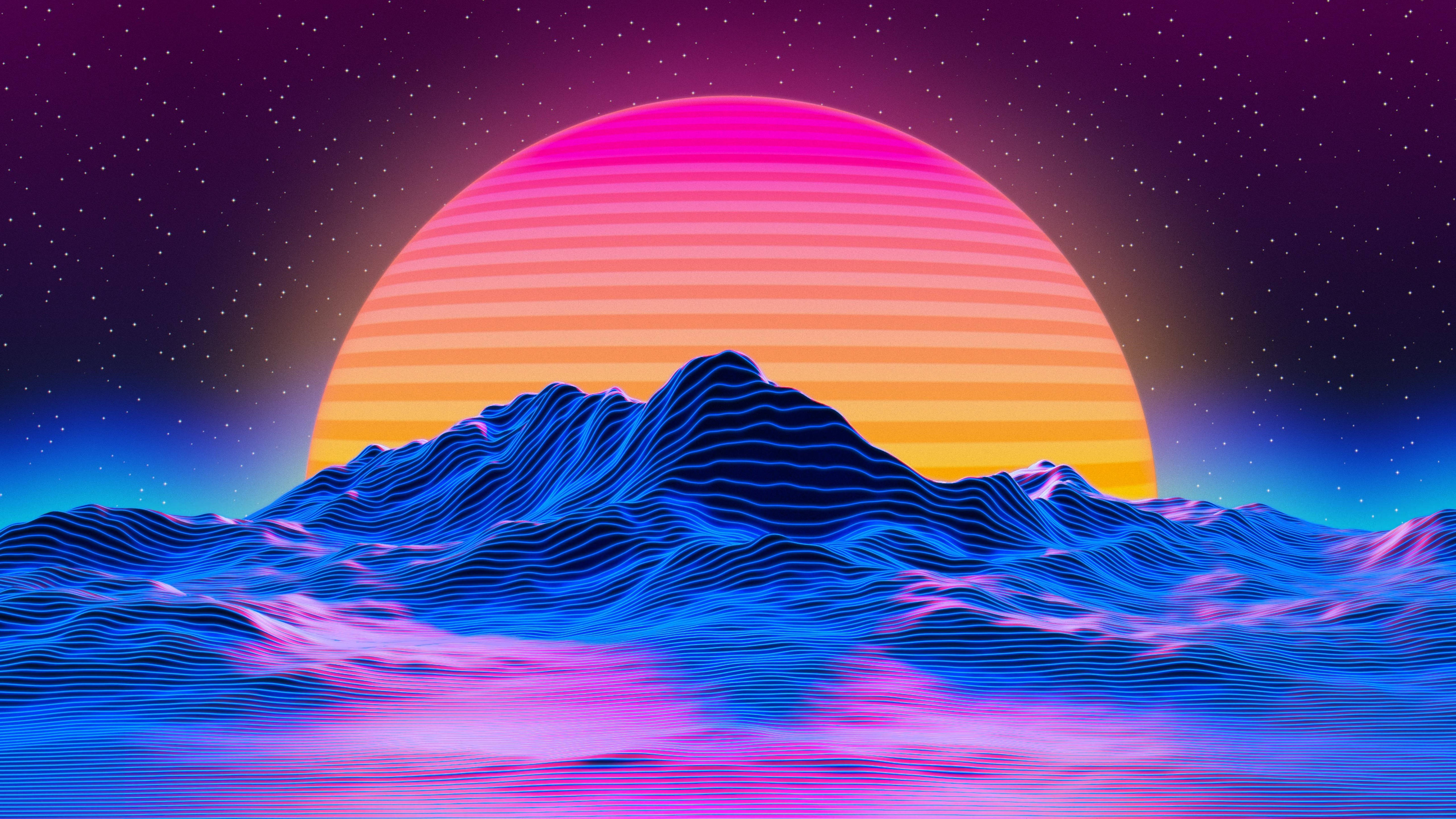 neon sunset, pink orange stripes, blue wave mountain, 5K Desktop Wallpaper