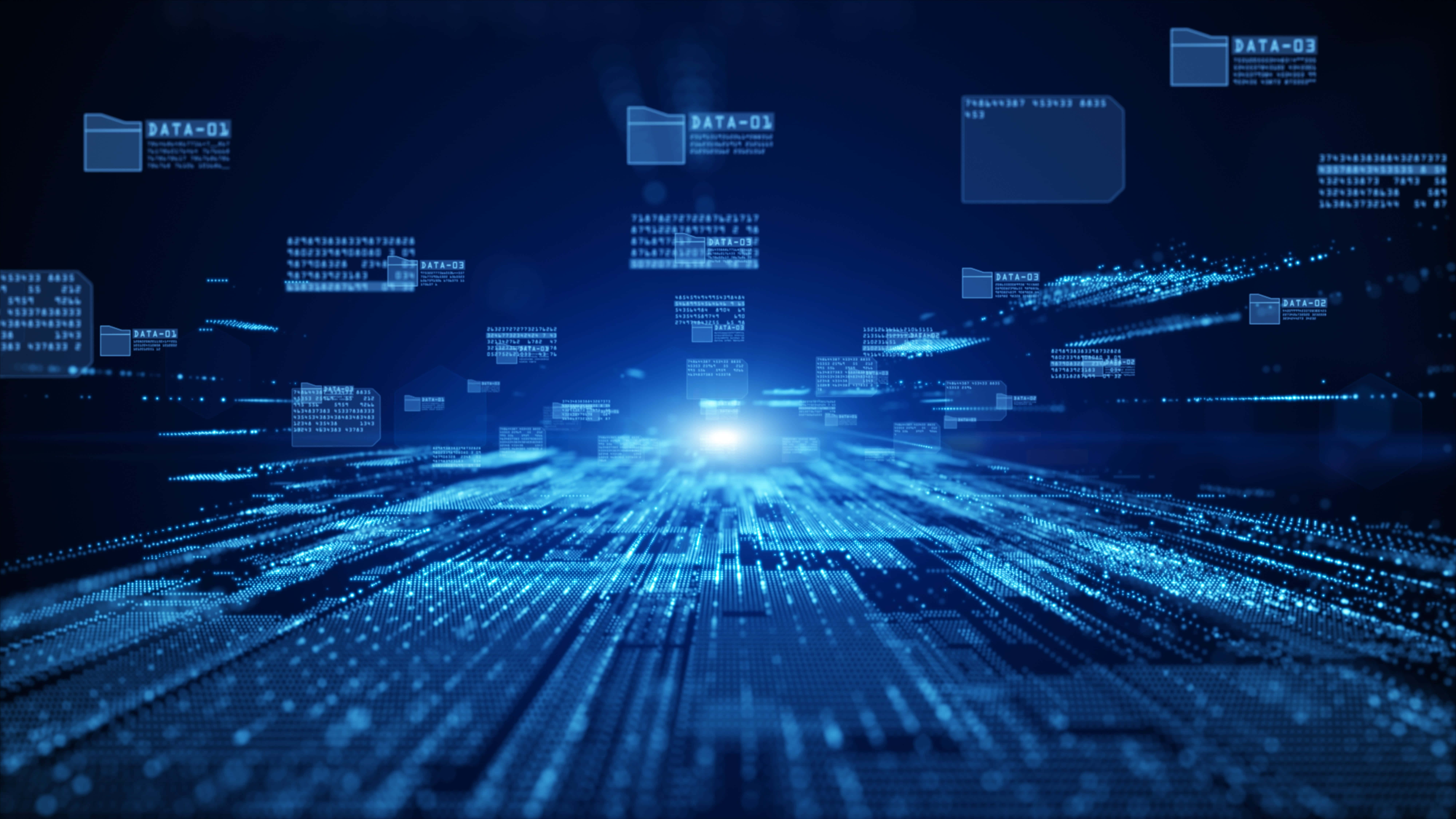 futuristic, glowing blue data streams, floating code files, 8K Desktop Wallpaper