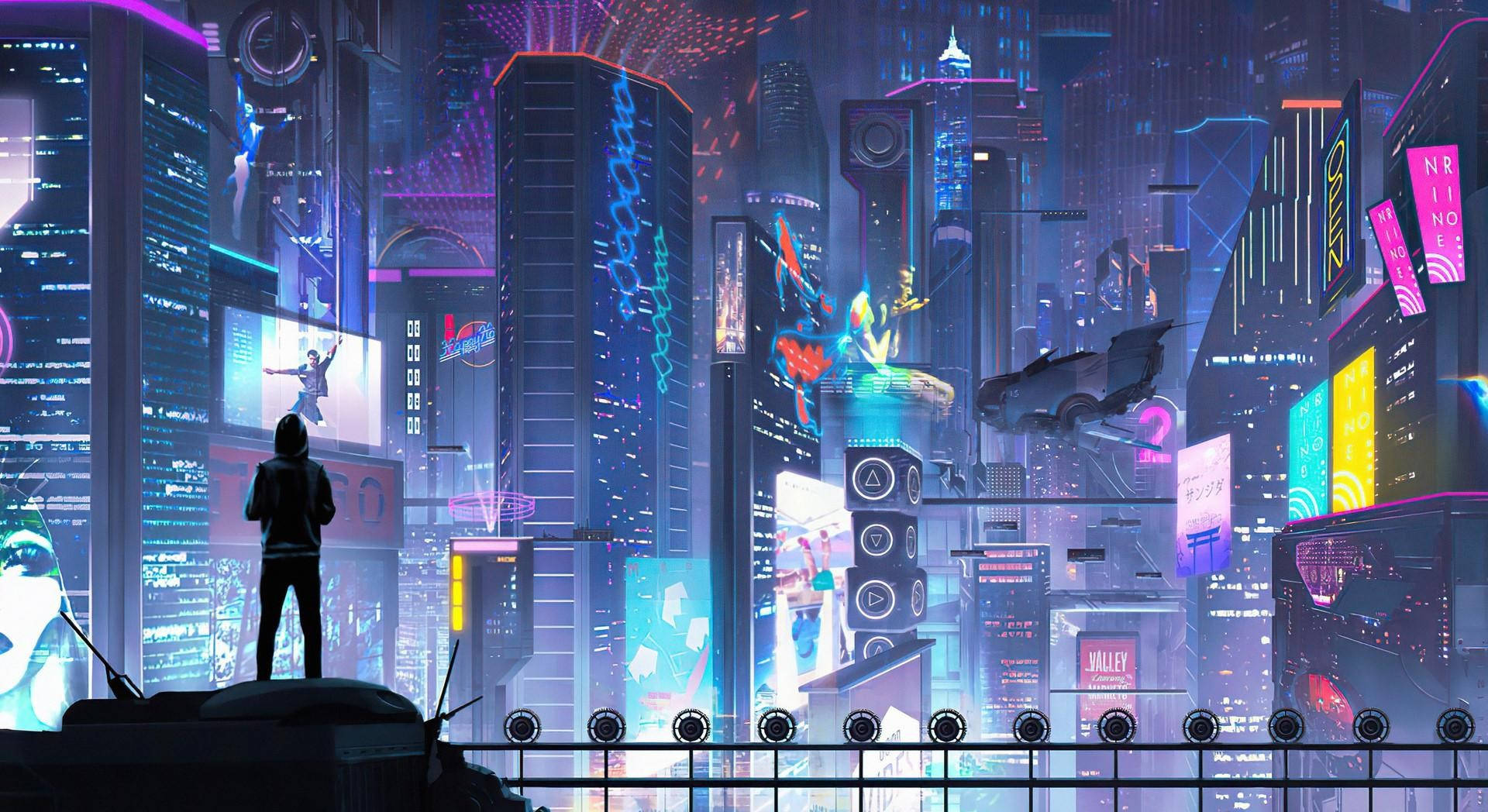 rooftop, neon-drenched cyberpunk cityscape, flying cars, Full HD Desktop Wallpaper