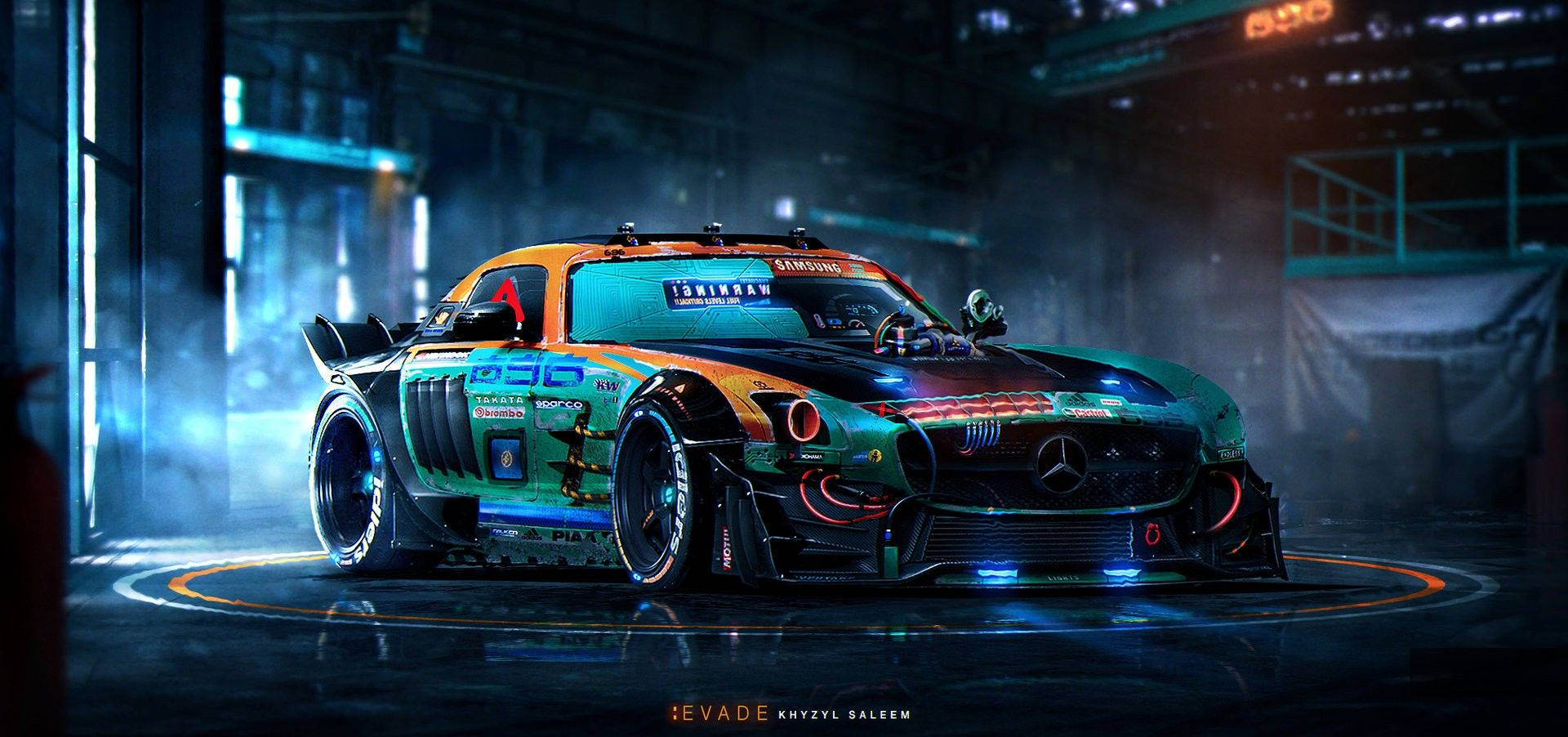 futuristic race car, glowing neon accents, dim industrial garage, Full HD Desktop Wallpaper