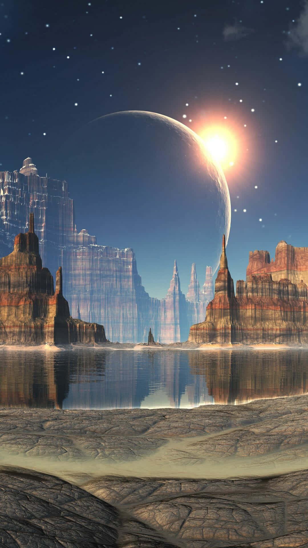 surreal alien landscape, towering rock formations, calm water, Full HD Phone Wallpaper