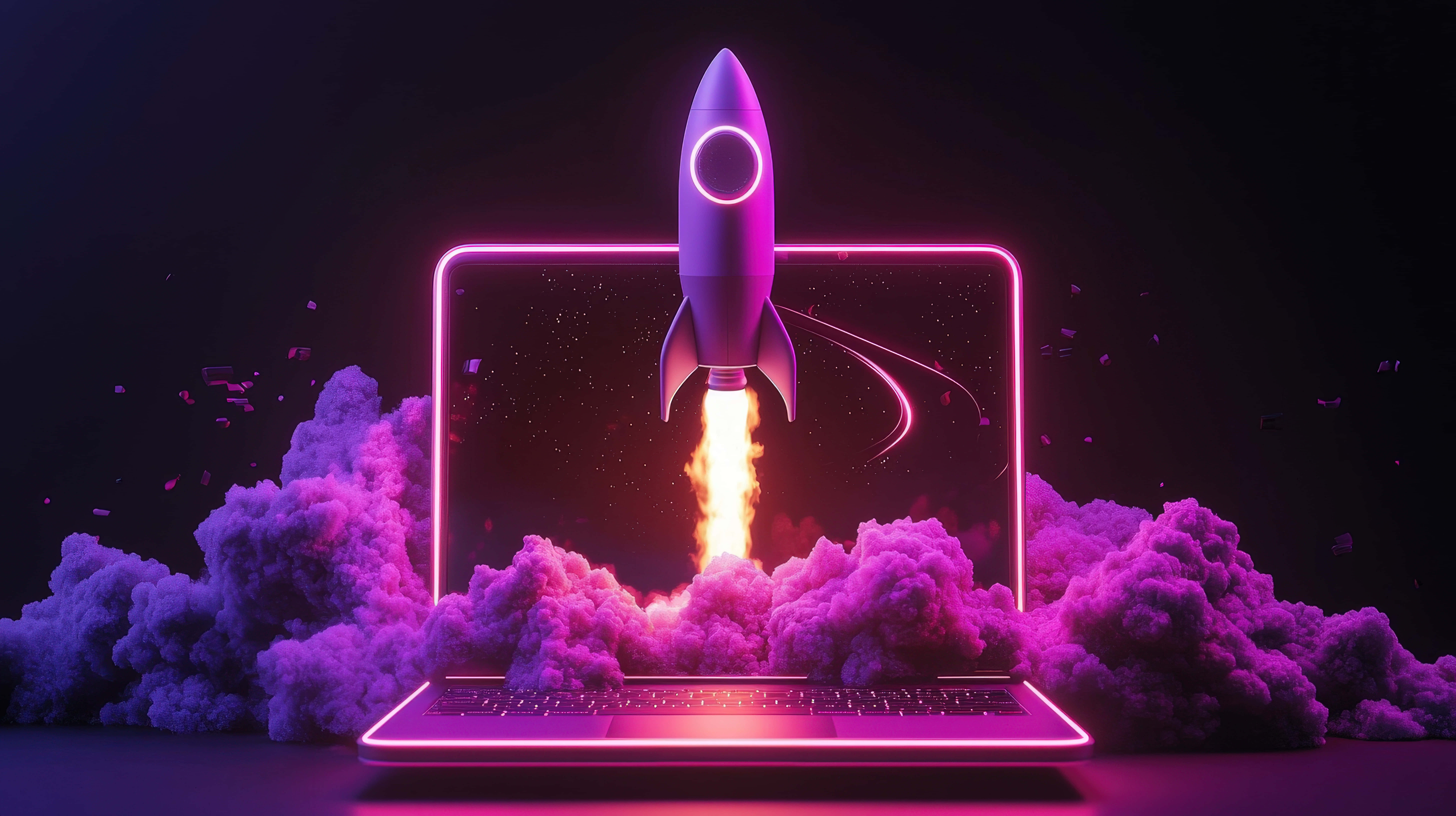 neon laptop, glowing purple rocket, neon-lit laptop screen, 8K Desktop Wallpaper