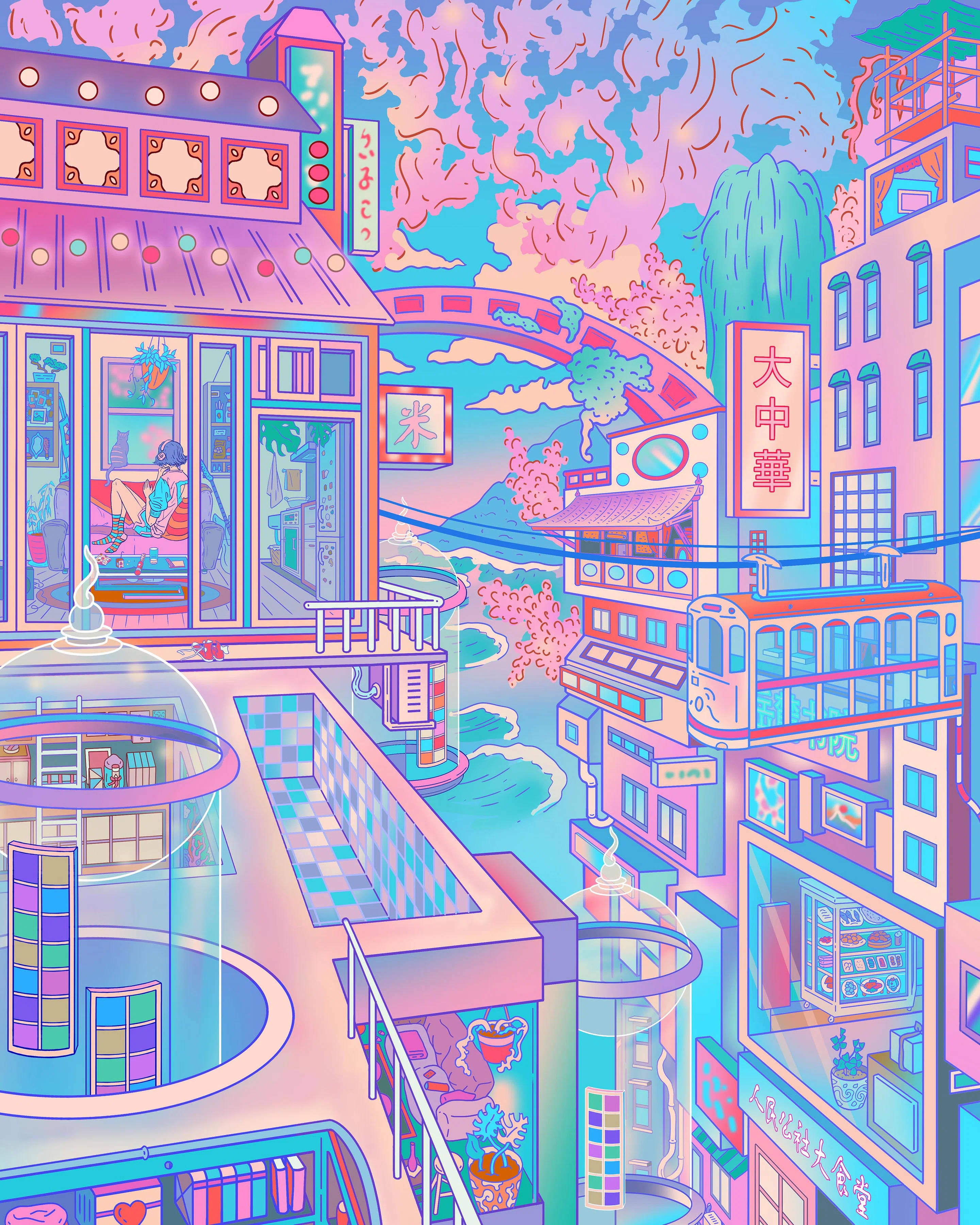pastel Japanese aesthetic, neon-drenched cityscape, floating buildings, 2K Phone Wallpaper