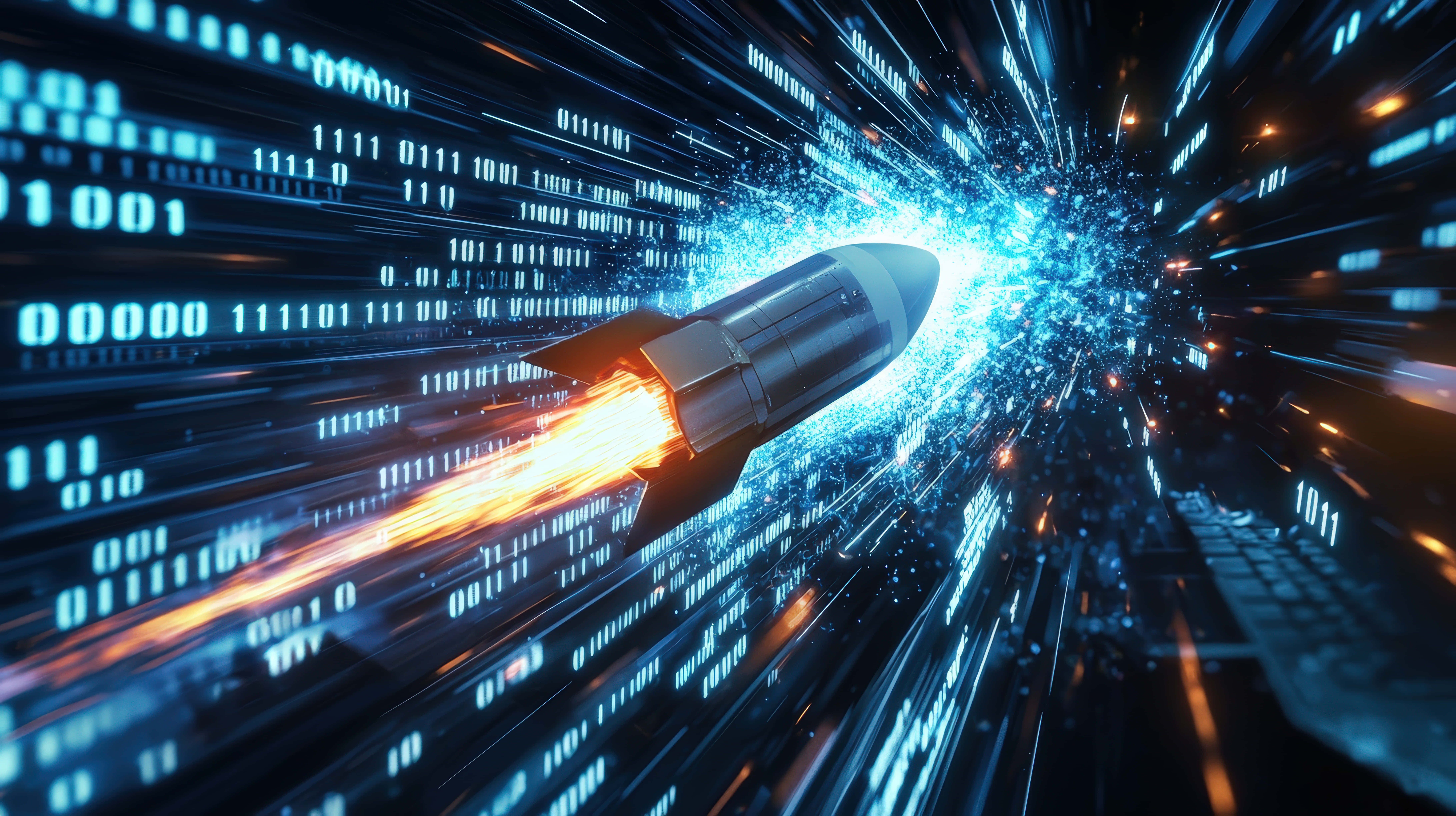 rocket, glowing binary code, fiery orange exhaust, 8K Desktop Wallpaper