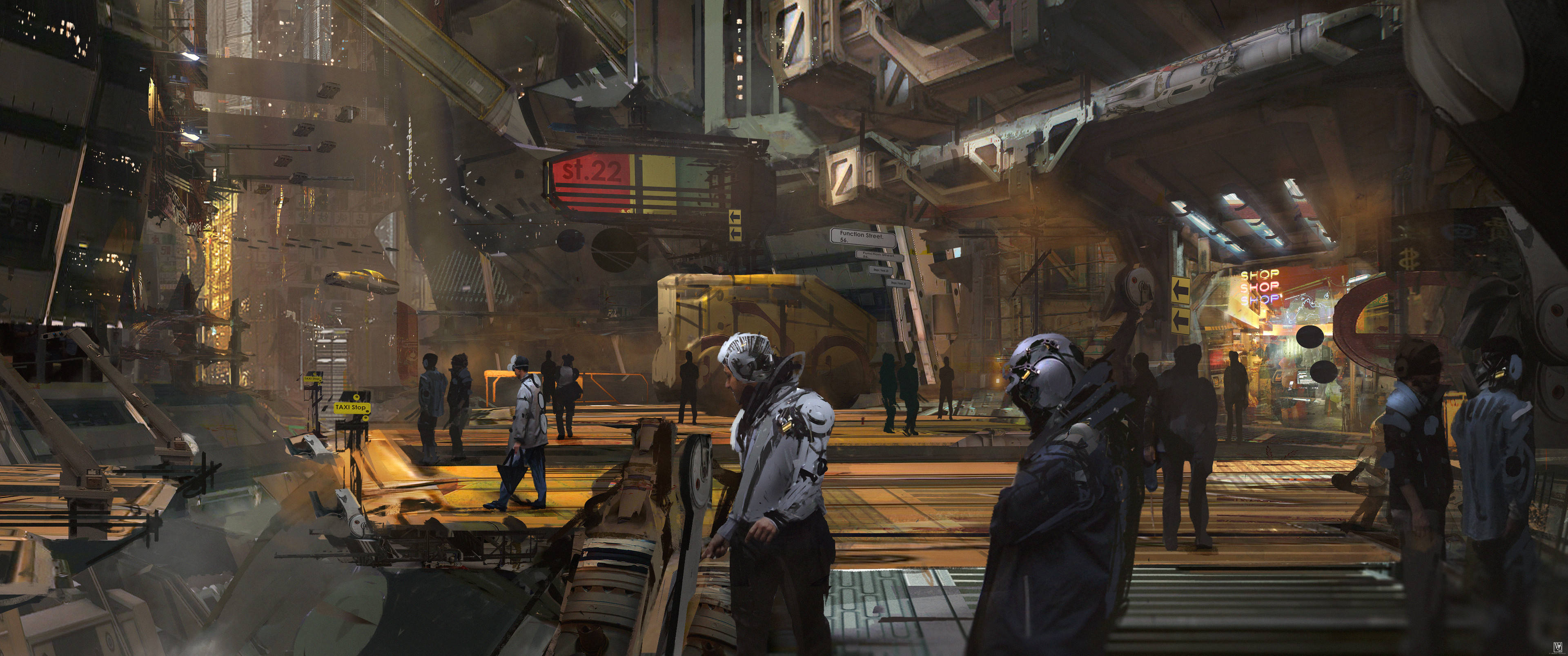 cyberpunk cityscape, neon signs, armored pedestrians, 4K Desktop Wallpaper