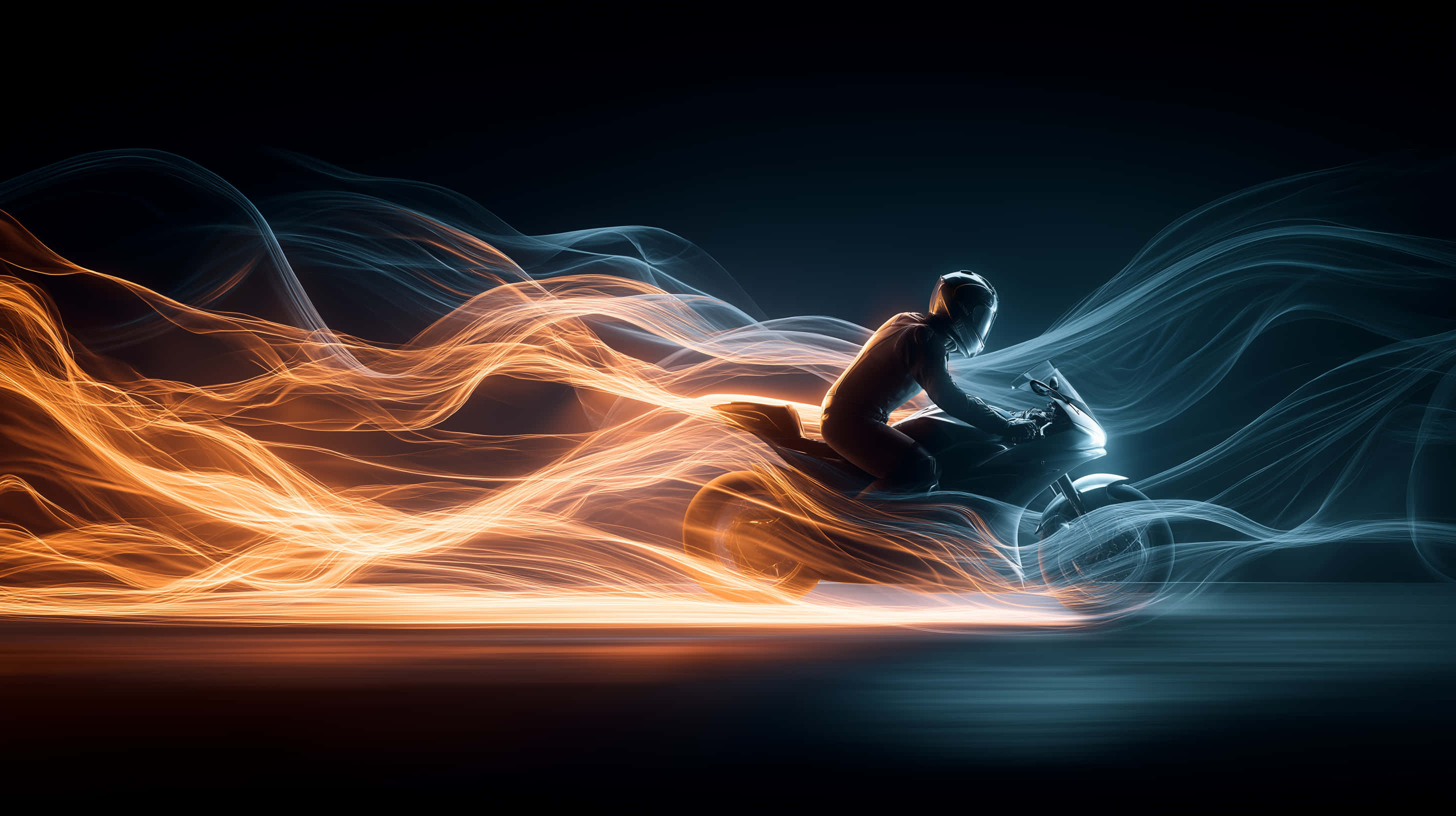 motorcyclist, orange and blue light streaks, swirling energy trails, 2K Desktop Wallpaper