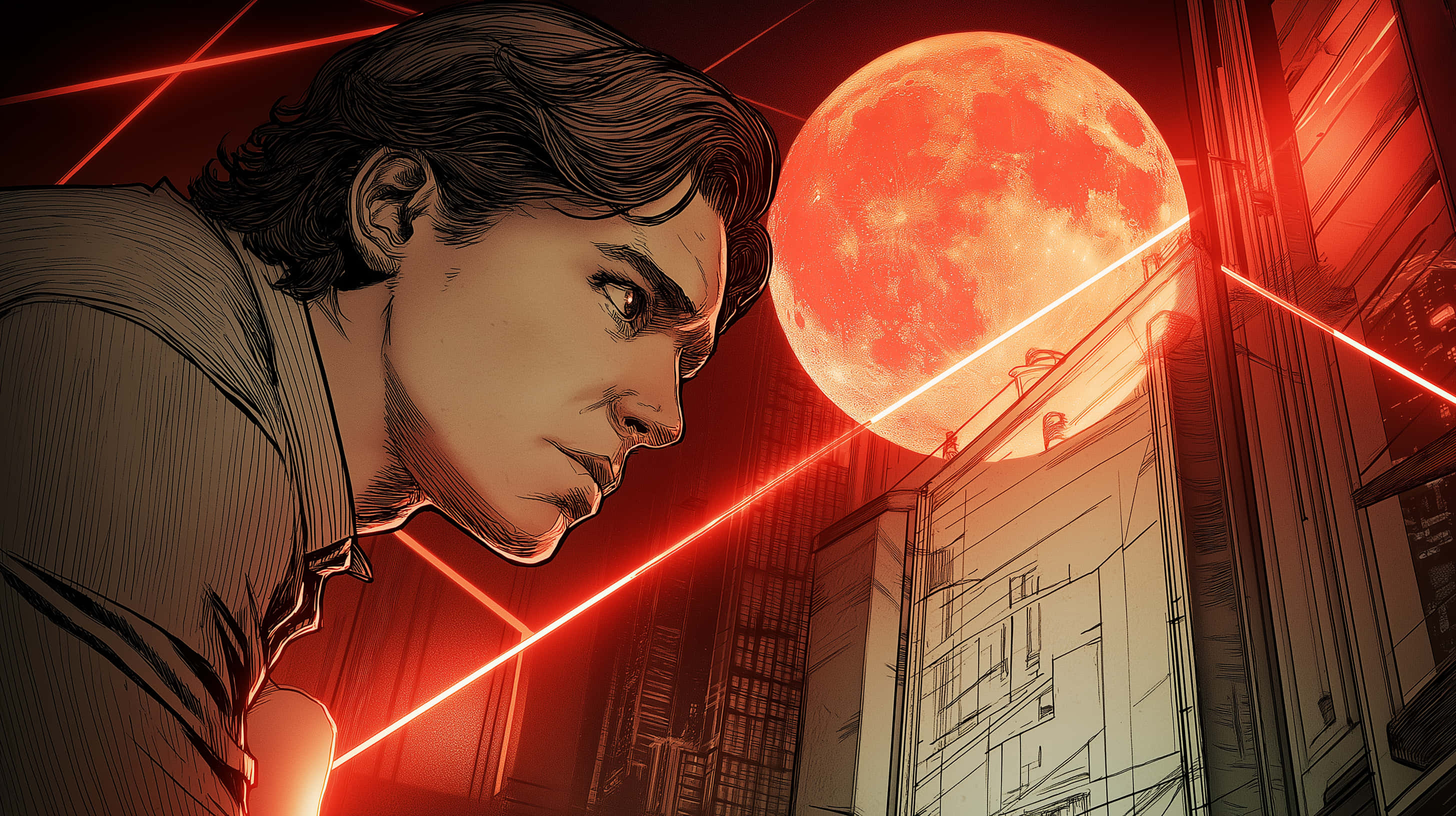 red moon, laser beams, futuristic cityscape, 2K Desktop Wallpaper