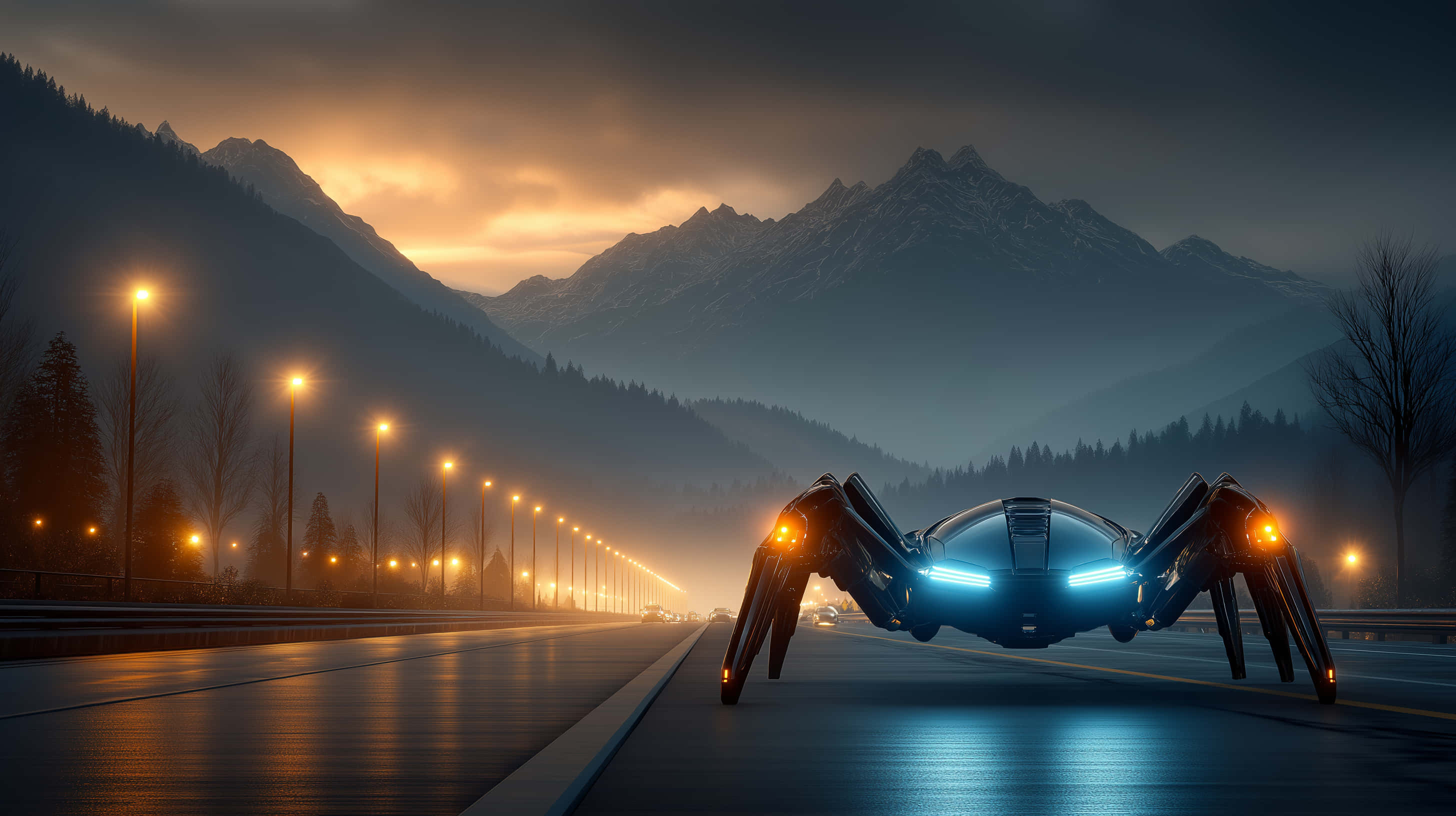 robotic spider vehicle, wet highway, dusk, 2K Desktop Wallpaper