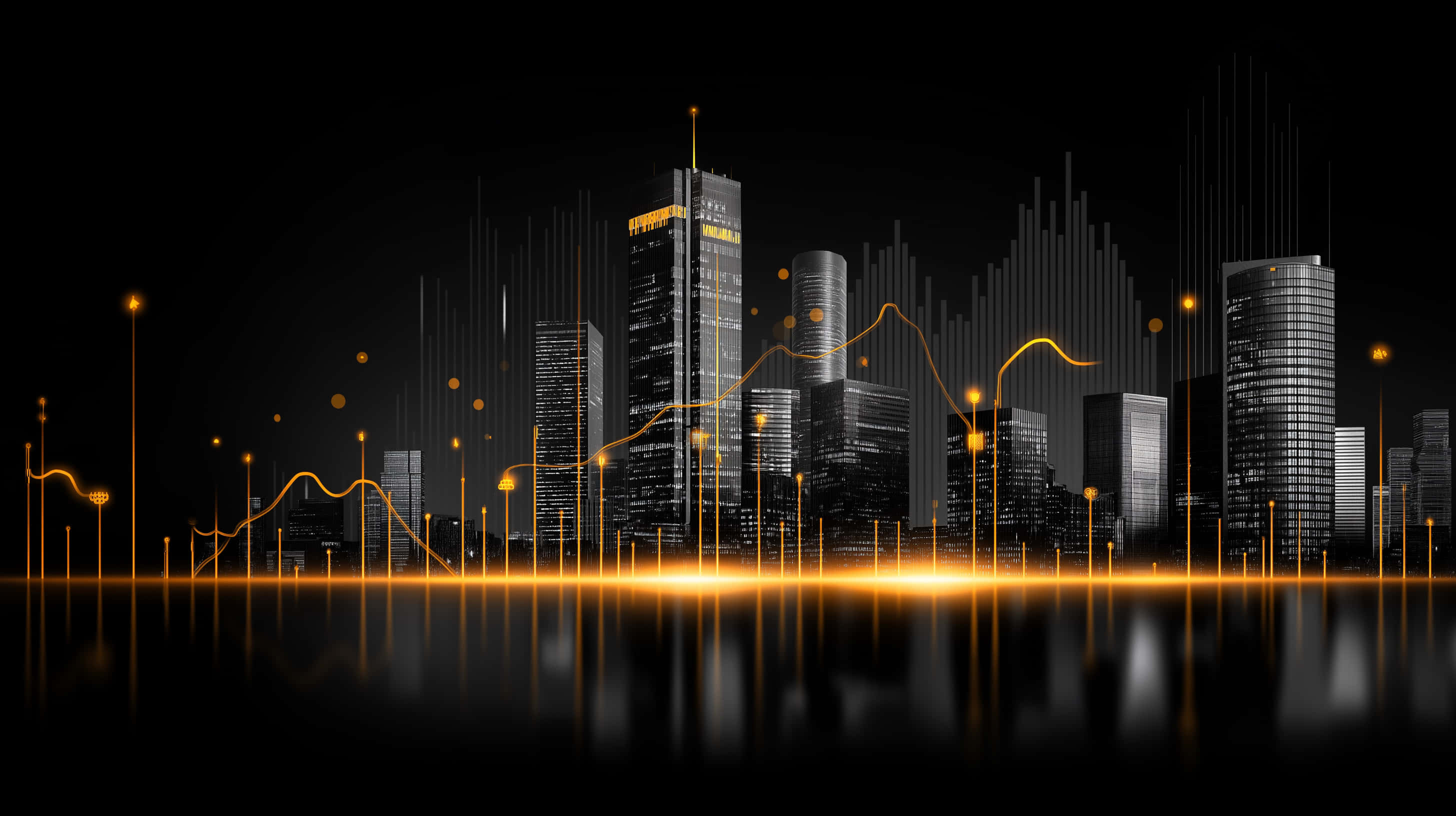 Digital Finance Skyline, golden financial data lines, glowing orbs, 2K Desktop Wallpaper