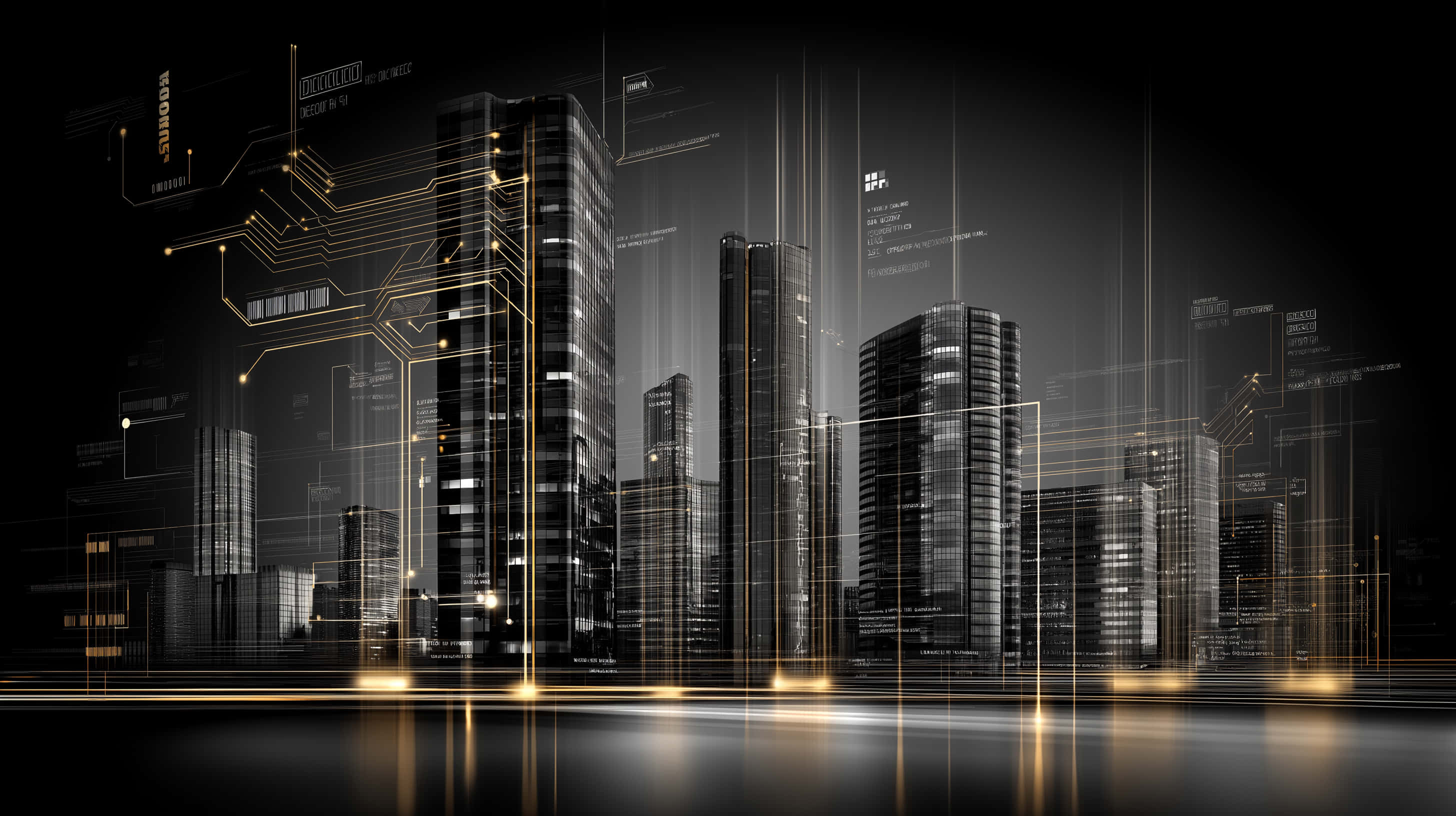 futuristic cityscape, towering skyscrapers, glowing golden circuitry, 2K Desktop Wallpaper