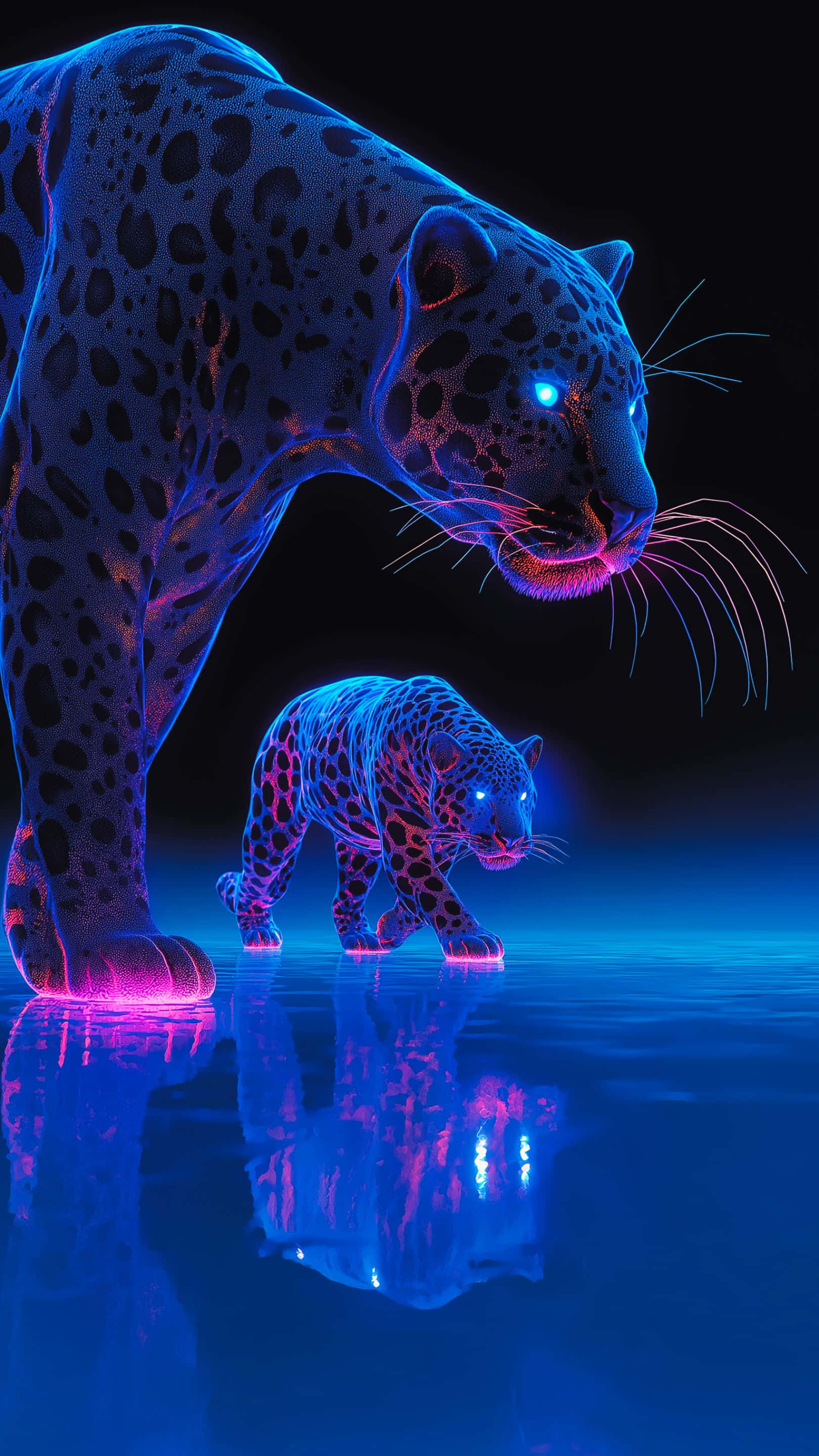 neon blue, pink jaguar, jaguar cub, 2K Phone Wallpaper
