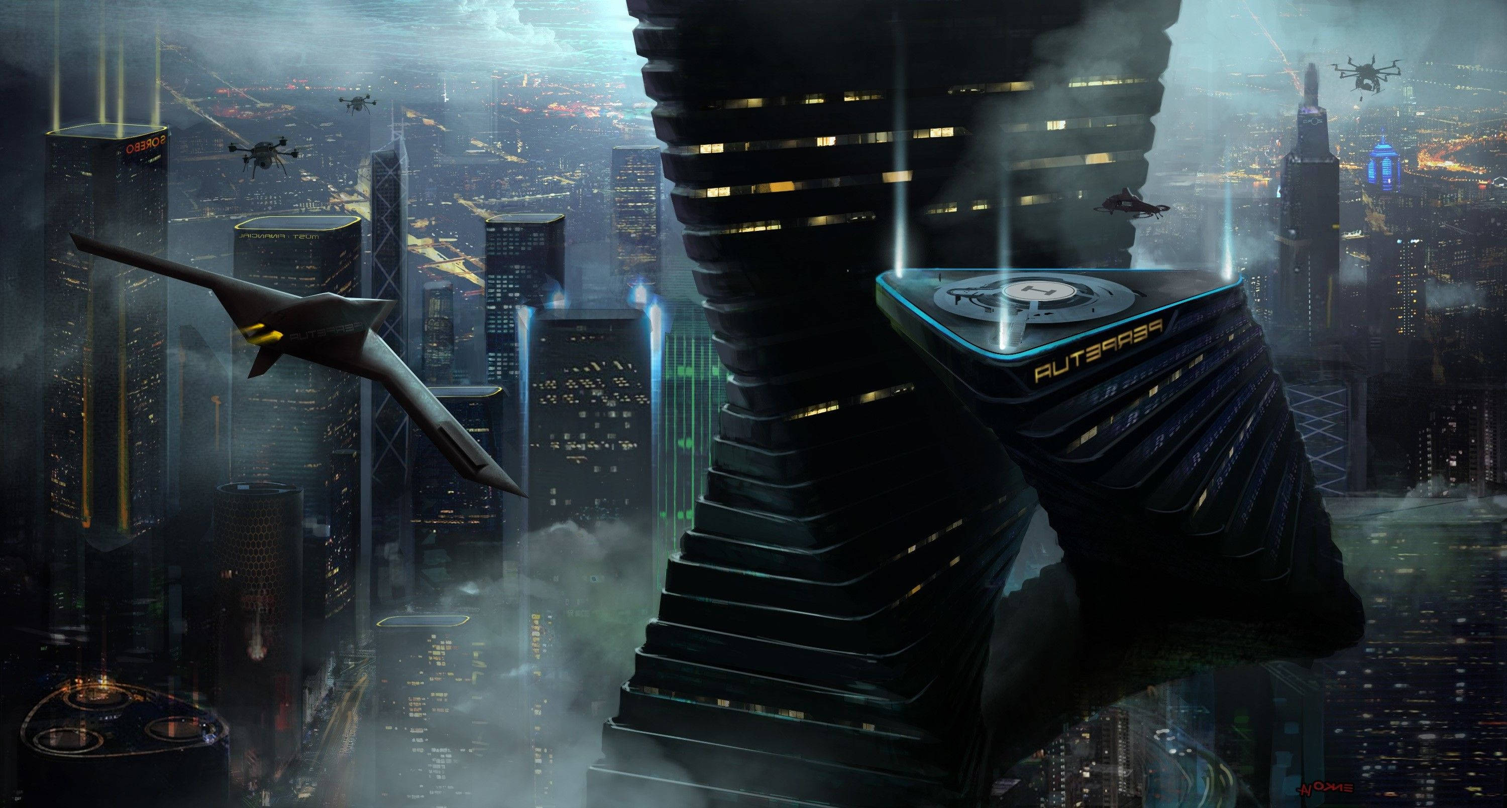 Futuristic era, night, towering skyscrapers, 2K Desktop Wallpaper