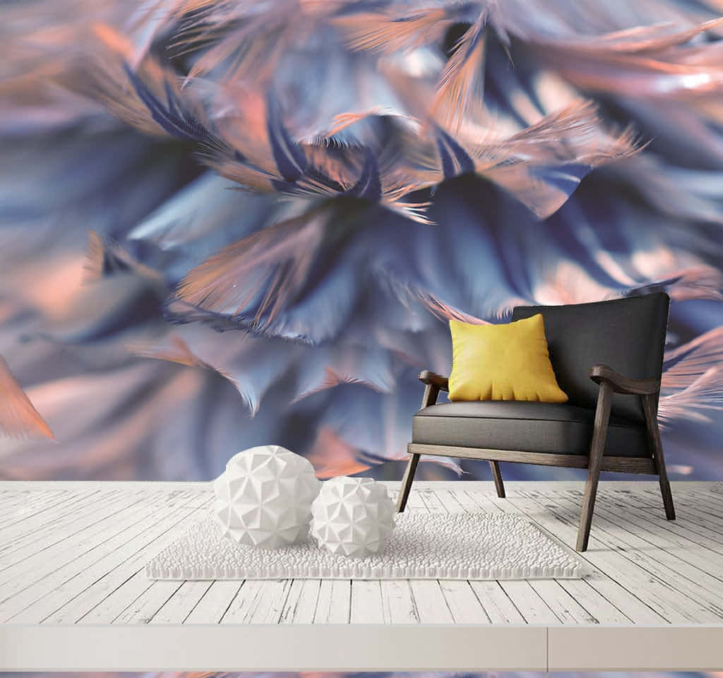 Fuzzy Backdrop, yellow pillow, swirling blue and pink feathers, SD Desktop Wallpaper