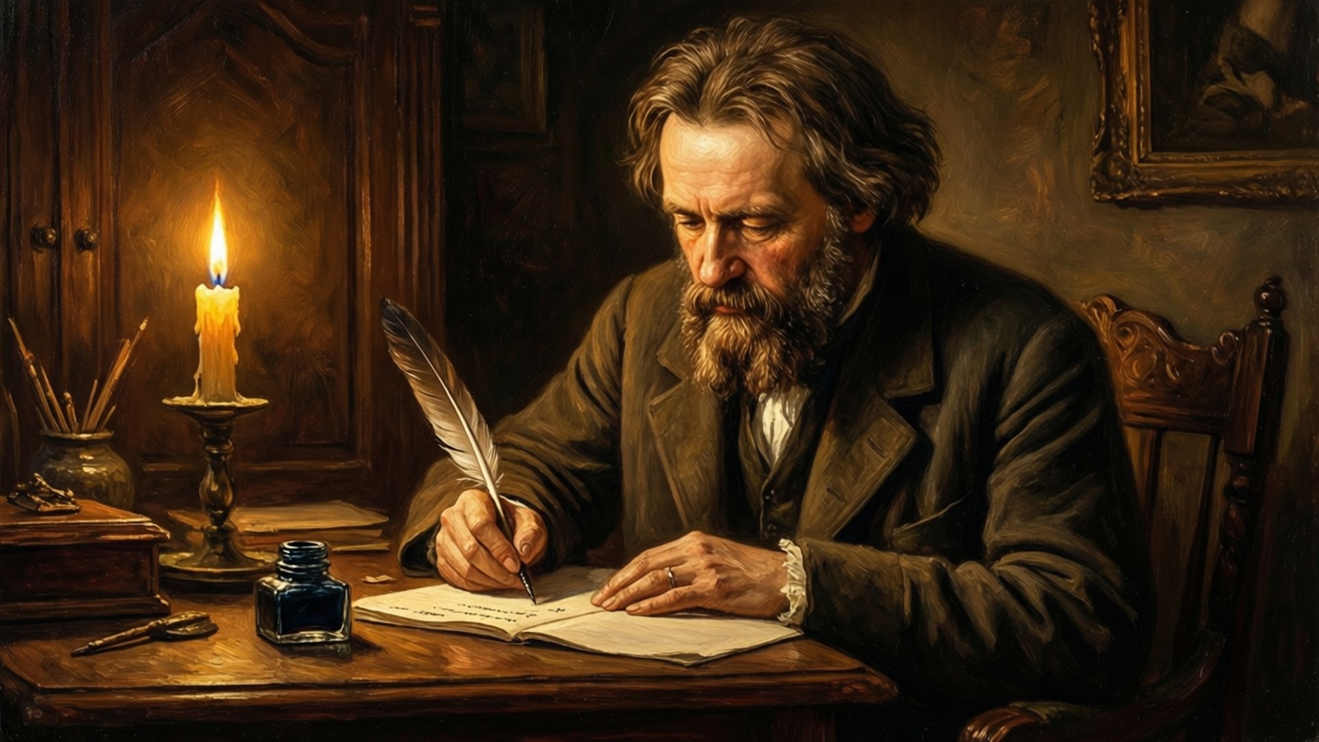 Fyodor Dostoevsky, candlelight, writing, Full HD Desktop Wallpaper