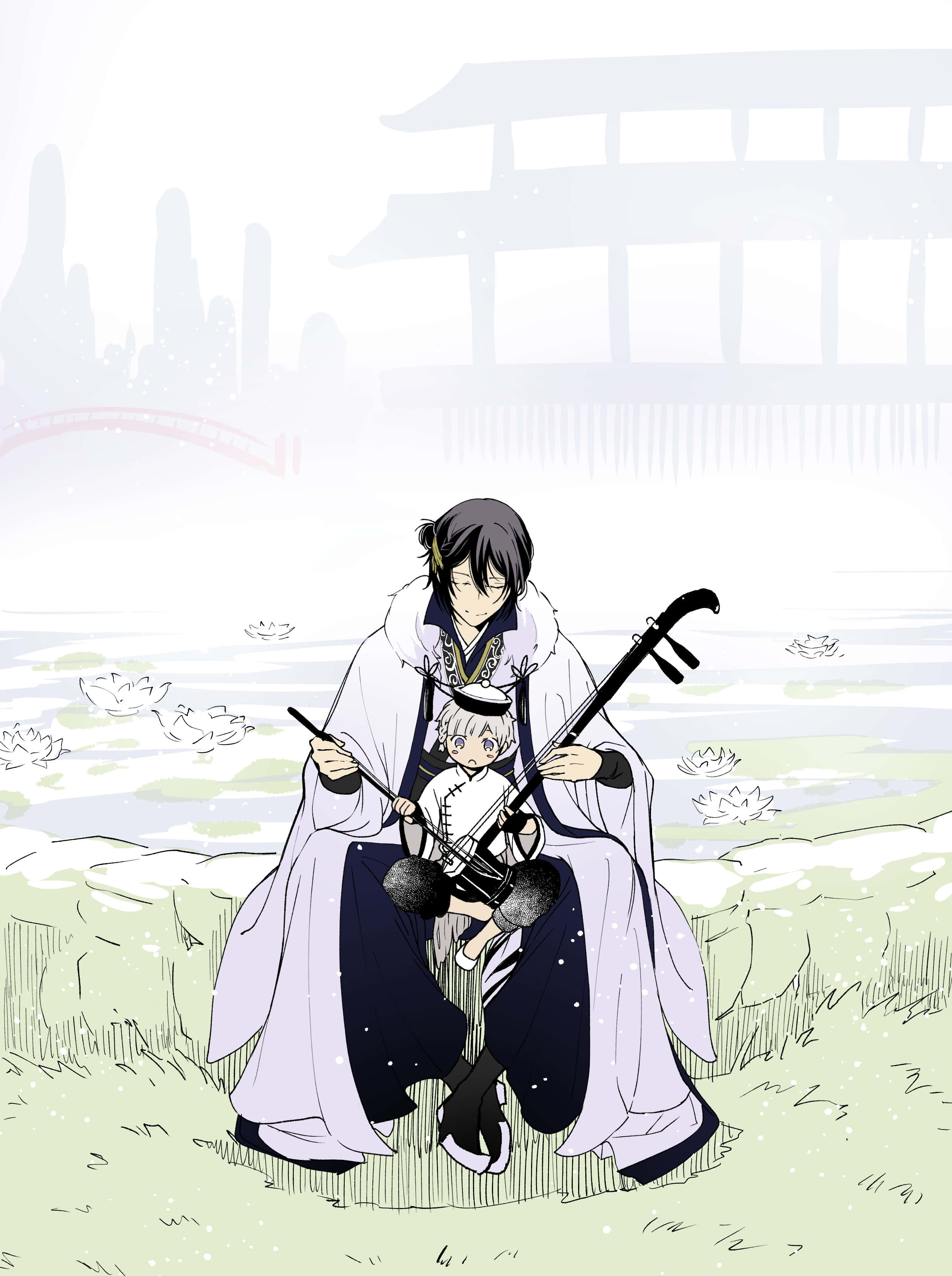Fyodor Dostoevsky, white robes, traditional string instrument, 2K Phone Wallpaper