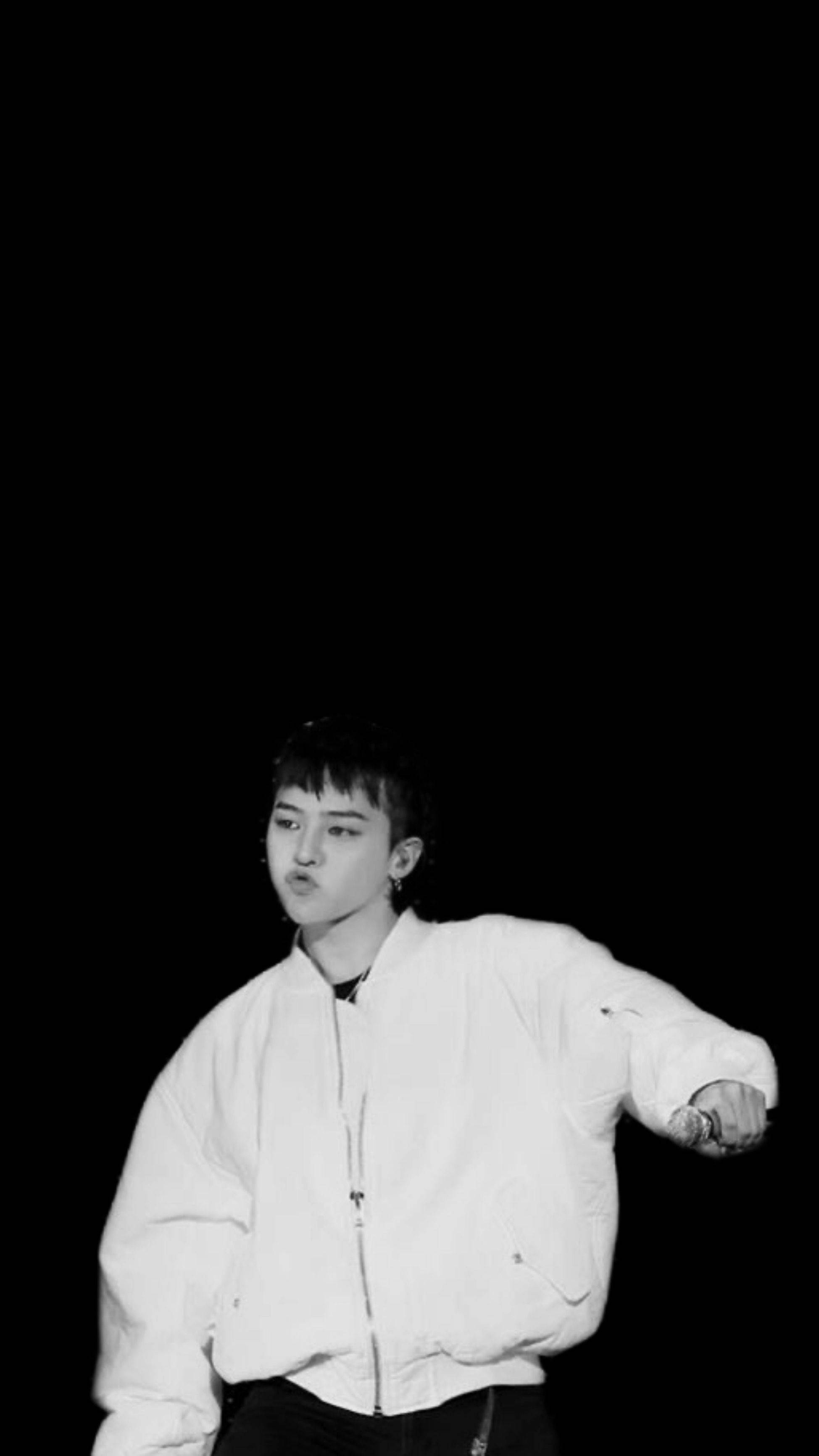 G-dragon, white bomber jacket, stark black background, 2K Phone Wallpaper