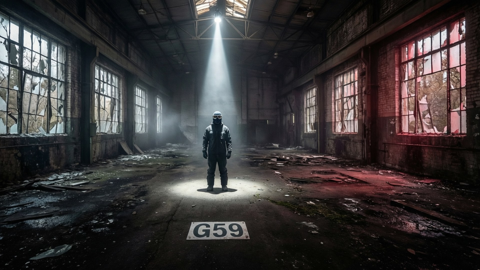 G59, warehouse, masked figure, Full HD Desktop Wallpaper