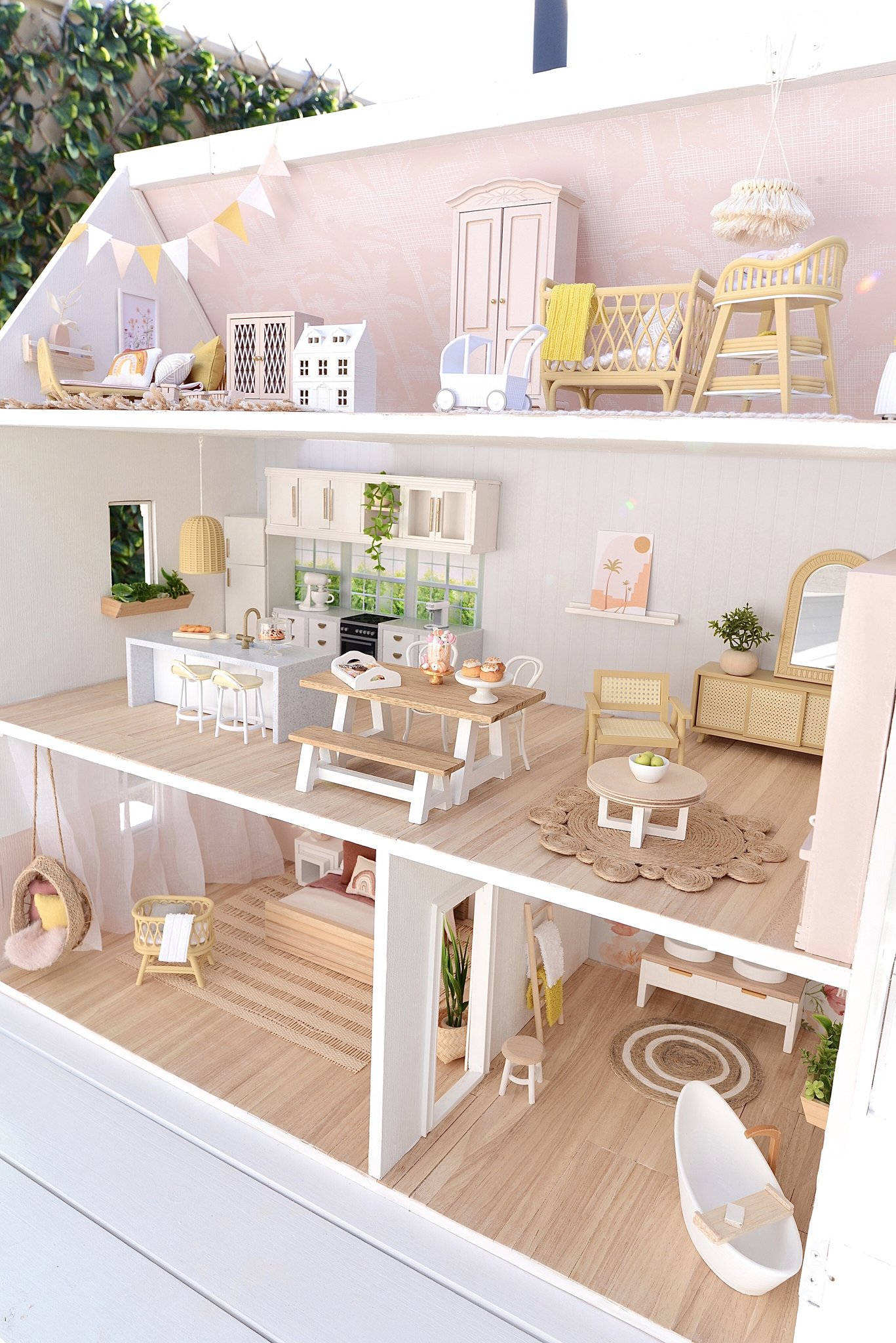 Dollhouse, pastel pink walls, light wood floors, Full HD Phone Wallpaper