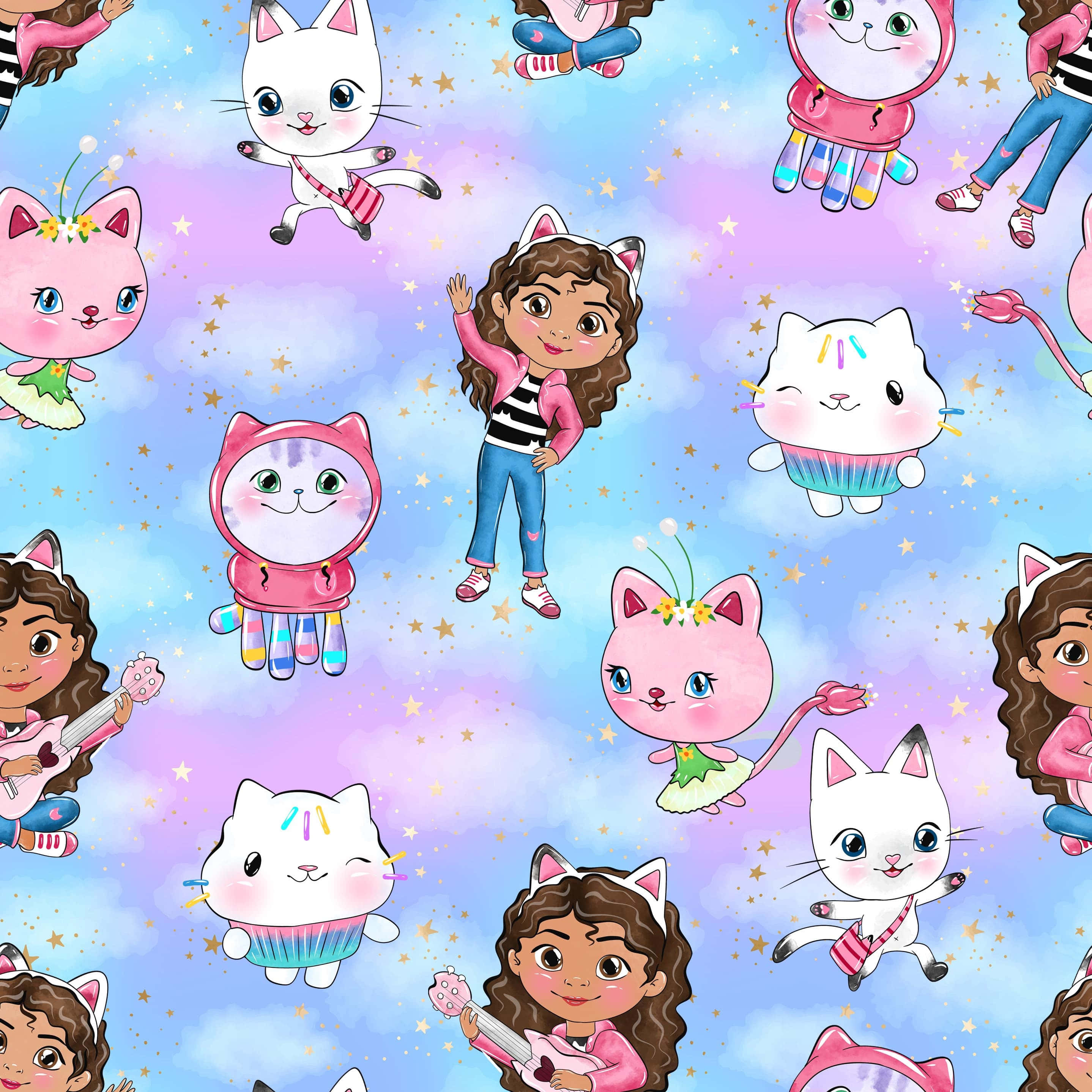 Gabby Dollhouse, characters pattern, cartoon girls, 2K Desktop Wallpaper