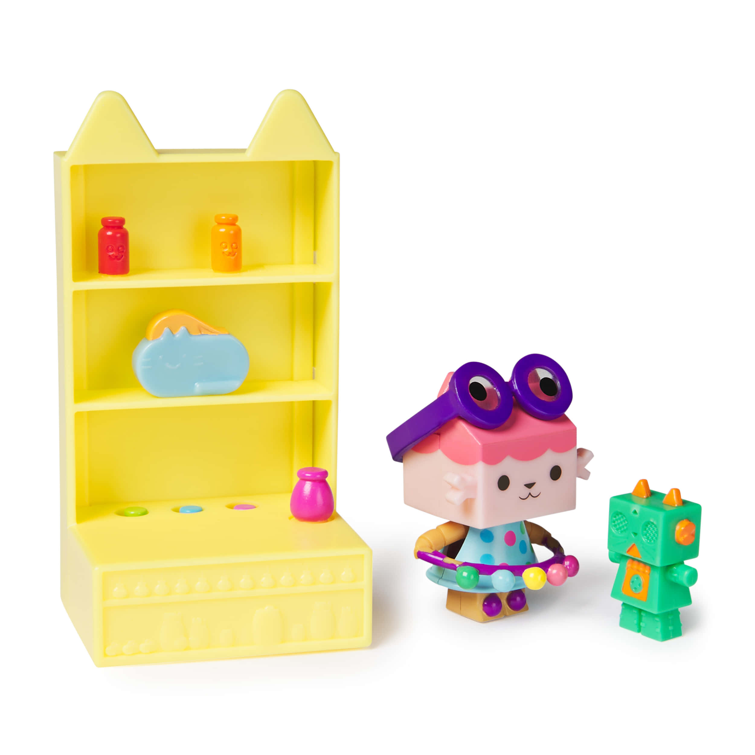 Gabby Dollhouse, yellow cat-shaped toy shelf, smiling jars, Full HD Desktop Wallpaper